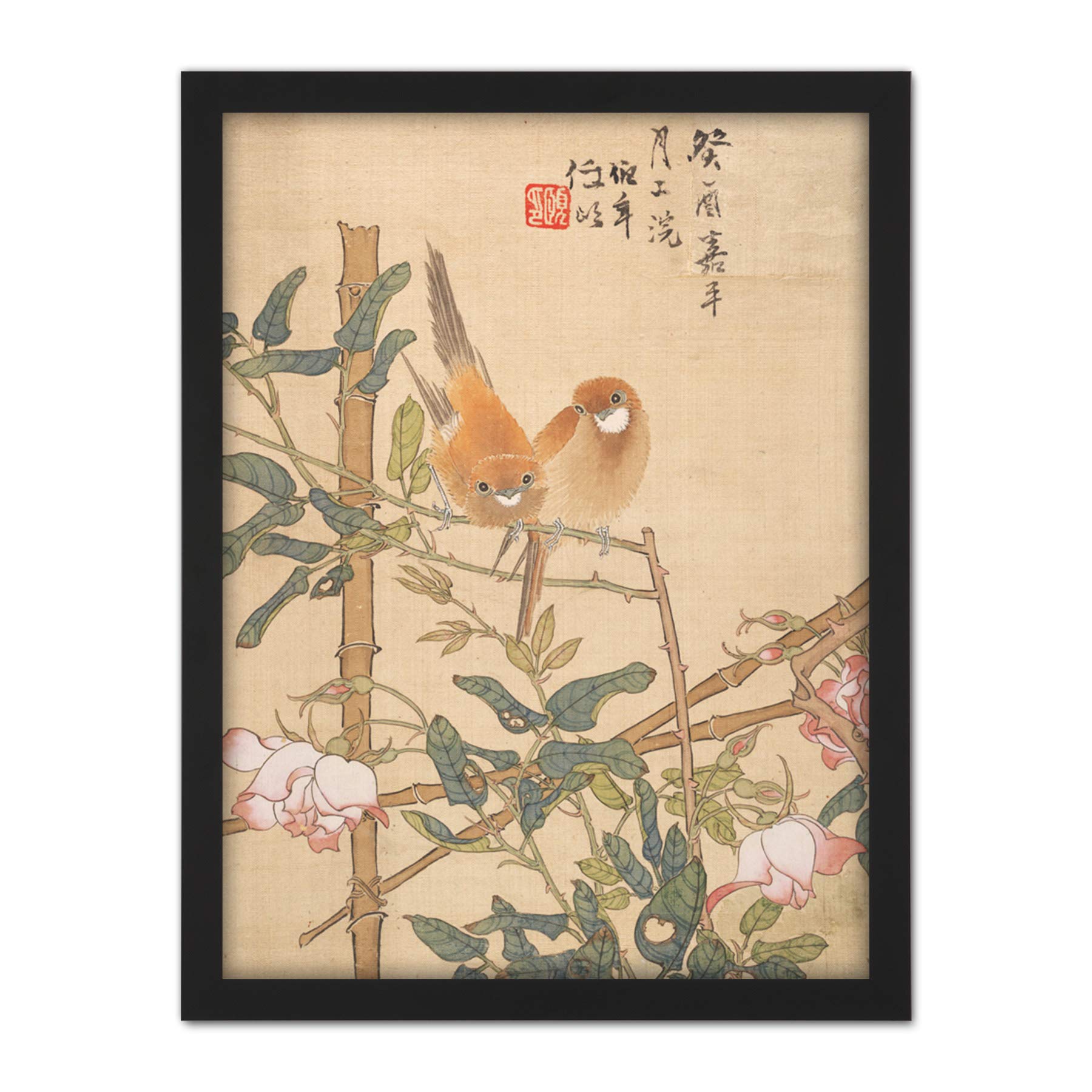 Ren Yi Two Birds Perched Rose Bush Chinese Painting Artwork Framed Wall Art Print 18X24 Inch