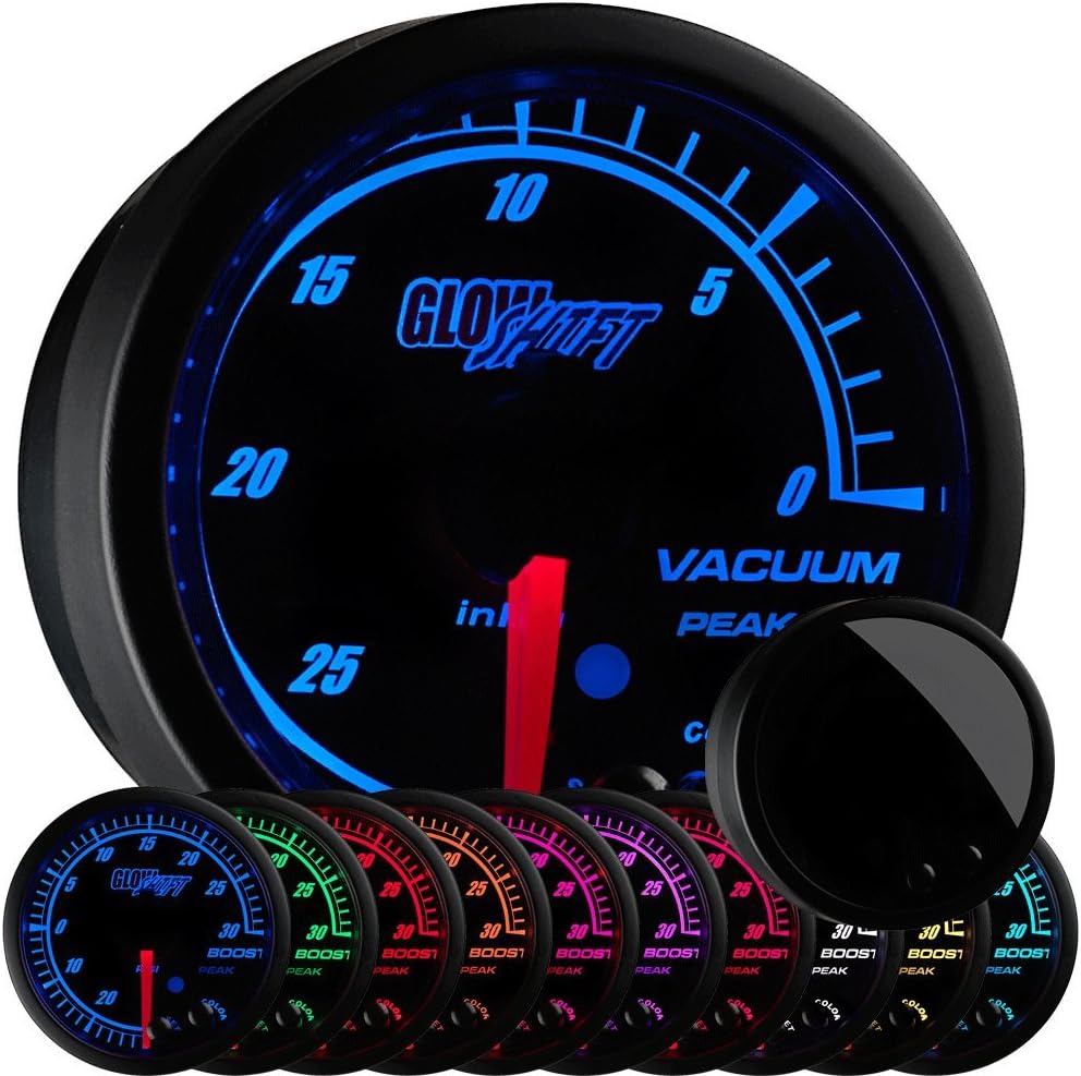 GlowShift Elite 10 Color Vacuum Gauge Kit - Includes Electronic Sensor & Hose Kit - Black Dial - Tinted Lens - Peak Recall Function - 2-1/16" 52mm