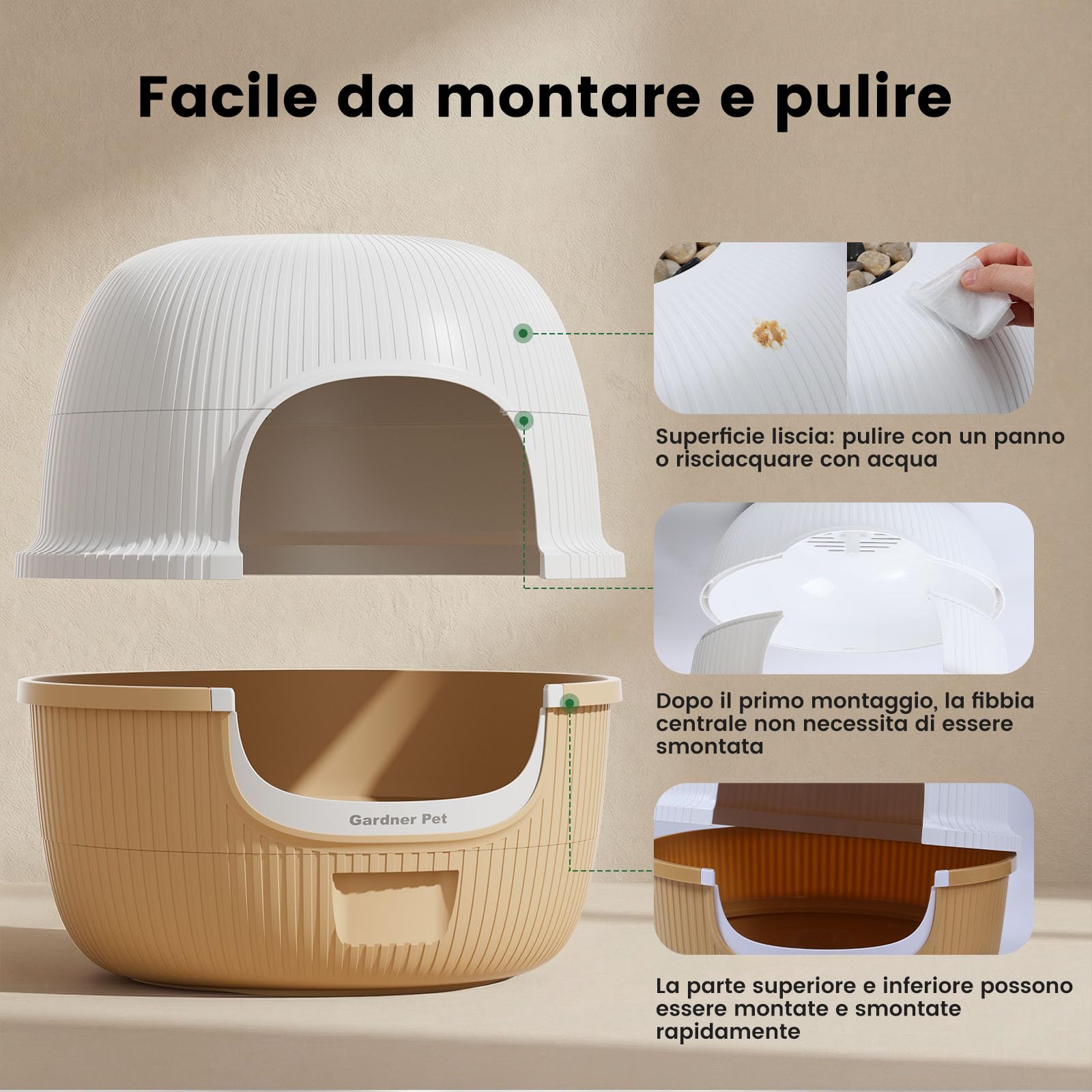 Gardner Pet Lettiera per Gatti Nascosta, Marrone Chiaro, 49X49X50Cm | Con Pianta Artificiale, Ciottoli e Pala Inclusi, Stile Vaso con Cassetto, Filtro a Carbone, Design Impermeabile
