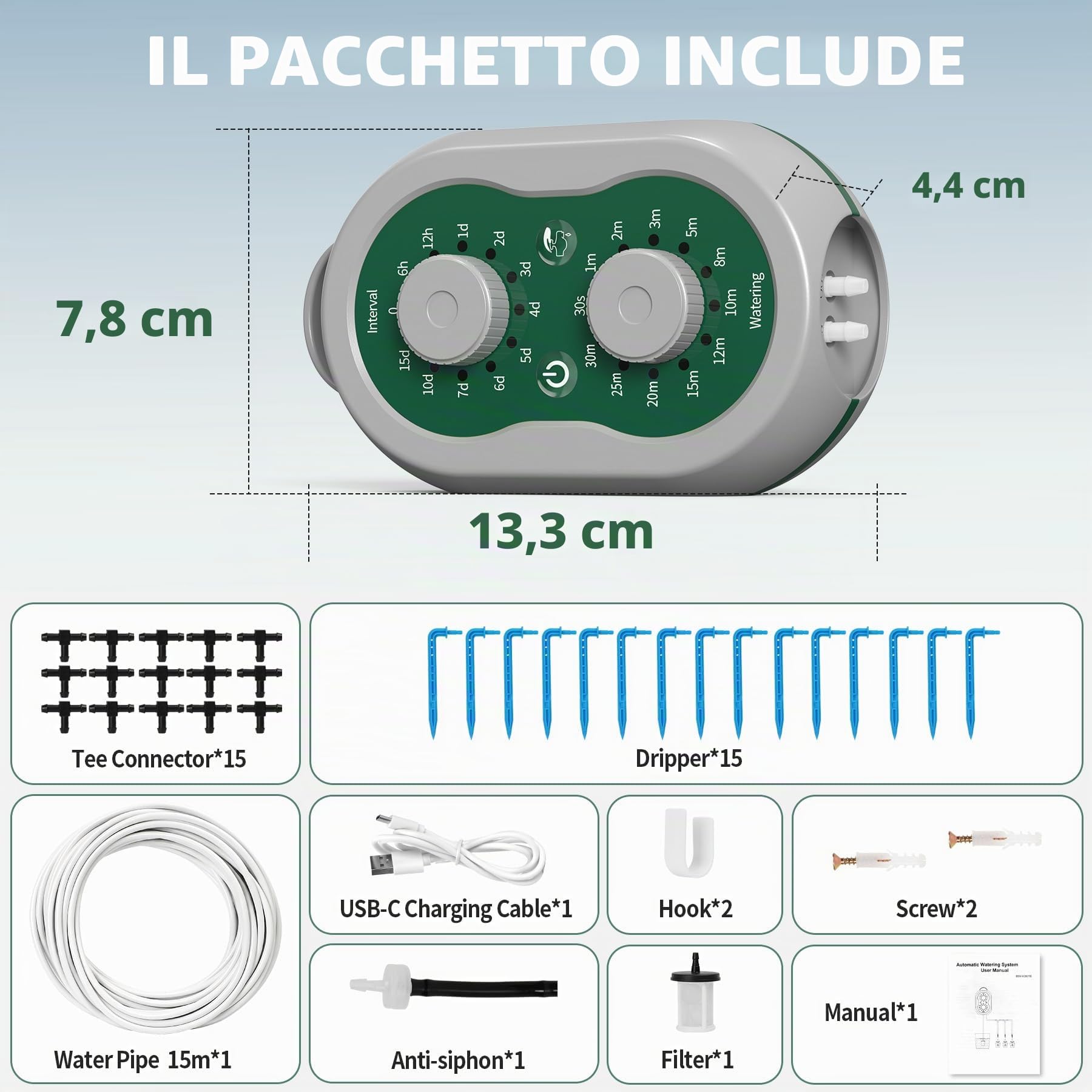 Kit Irrigazione Automatico Ricaricabile Kit Irrigazione a Goccia per Vasi Irrigazione Automatica Balcone per 15 Piante in Vaso da Interno, Balcone, Serra, Giardino