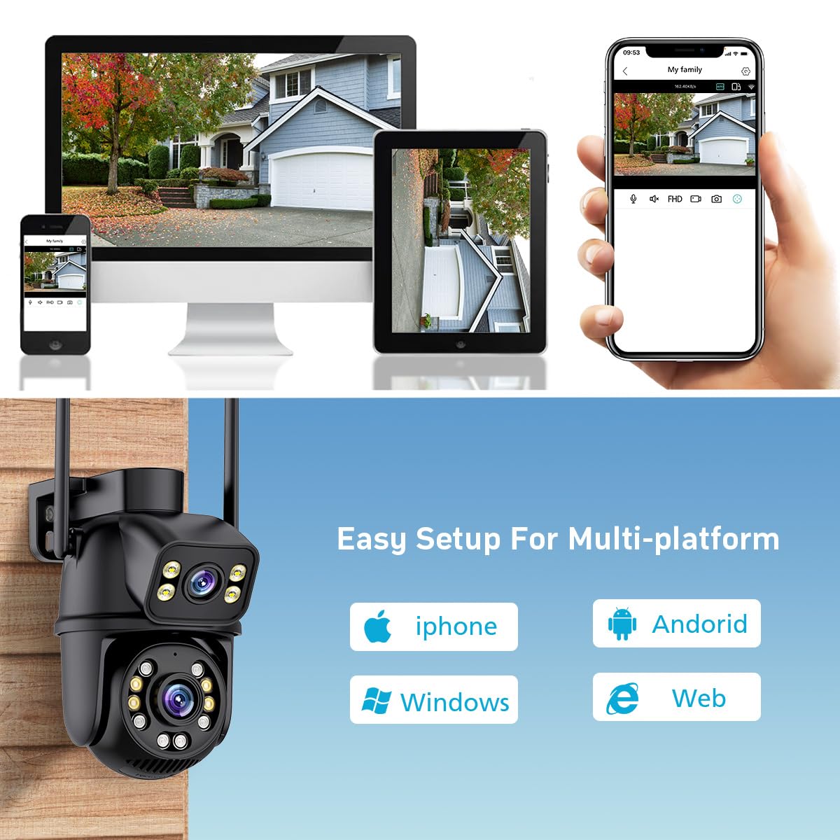 ICSEE - Telecamera di sicurezza WiFi da 6 MP, wireless, doppia lente, PTZ, impermeabile, rilevamento umano, visione notturna a colori, 19,8 m, compatibile con Alexa (doppia lente bianca da 6 MP)
