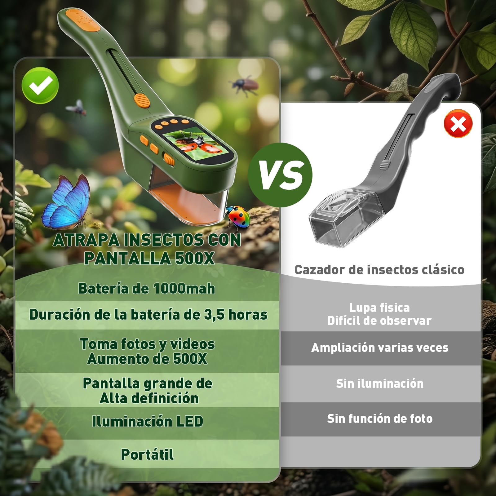 Atrapa Insectos con 500X Pantalla - Kit Explorador Niños, Kit Cazabichos con Lupa, Pinzas, Porta-Insectos,Insectos Juguete, Aire Libre Aventura Juguetes para Niños y Adultos (Verde Oscuro)