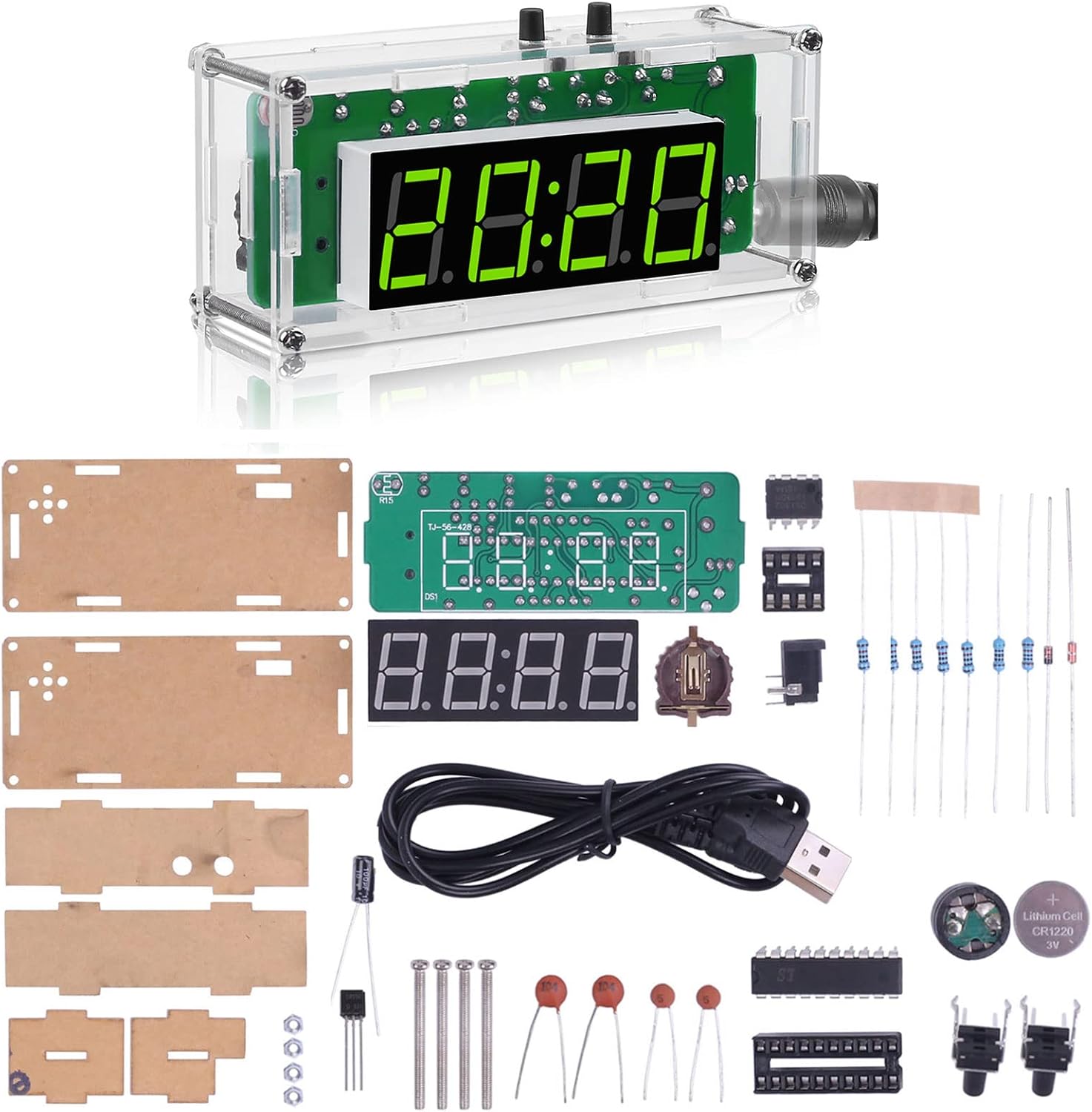 Amazon WHDTS TJ56428 4桁デジタルDIYクロックキット アクリルシェル付き はんだ付け練習キット 初心者 学生