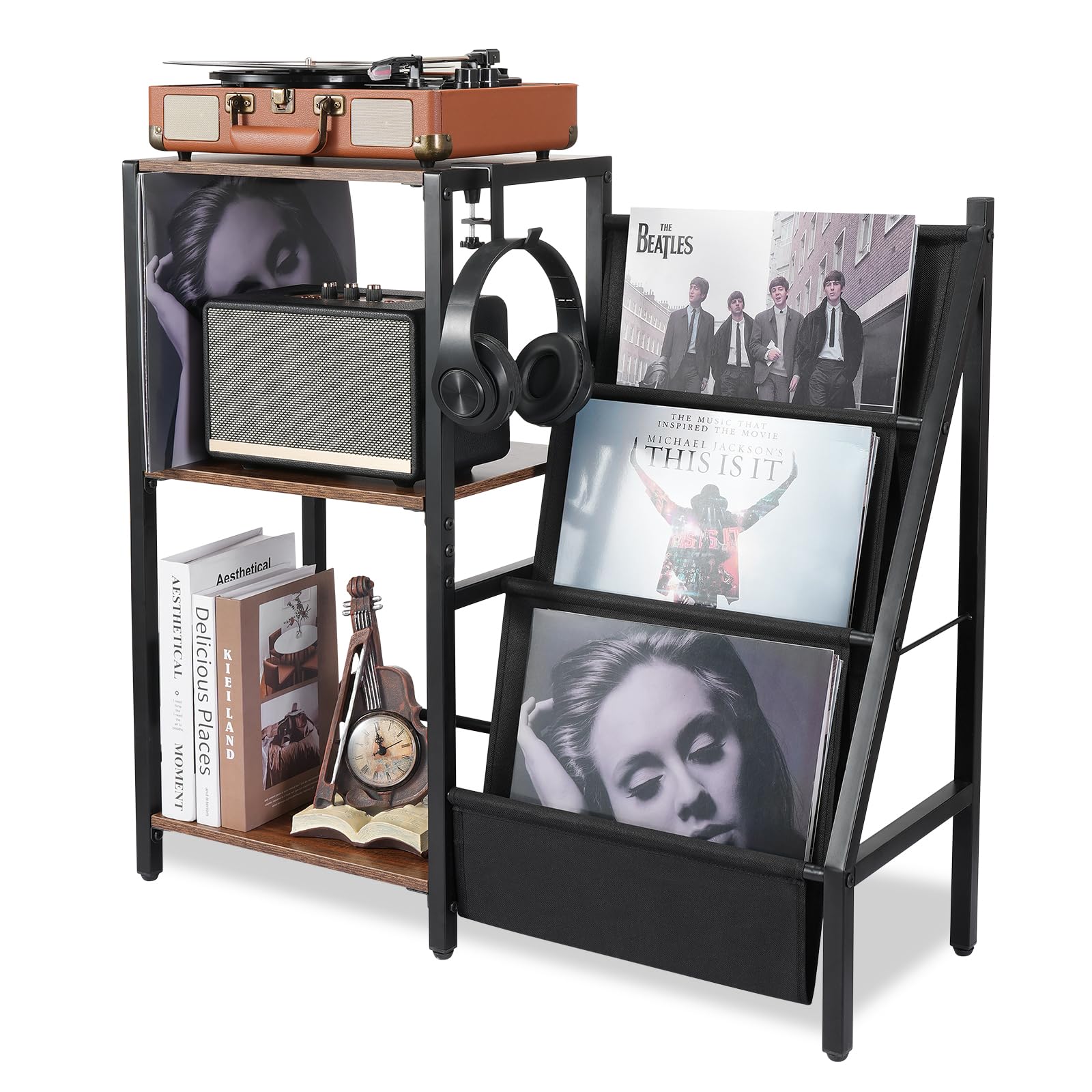 Plattenständer mit Aufbewahrung Schallplattenständer mit 3-stufiger Vinyl Schallplatten Lagerung Schallplatten Aufbewahrung bis zu 200 Alben, Plattenregal für Musikzimmer und Wohnzimmer