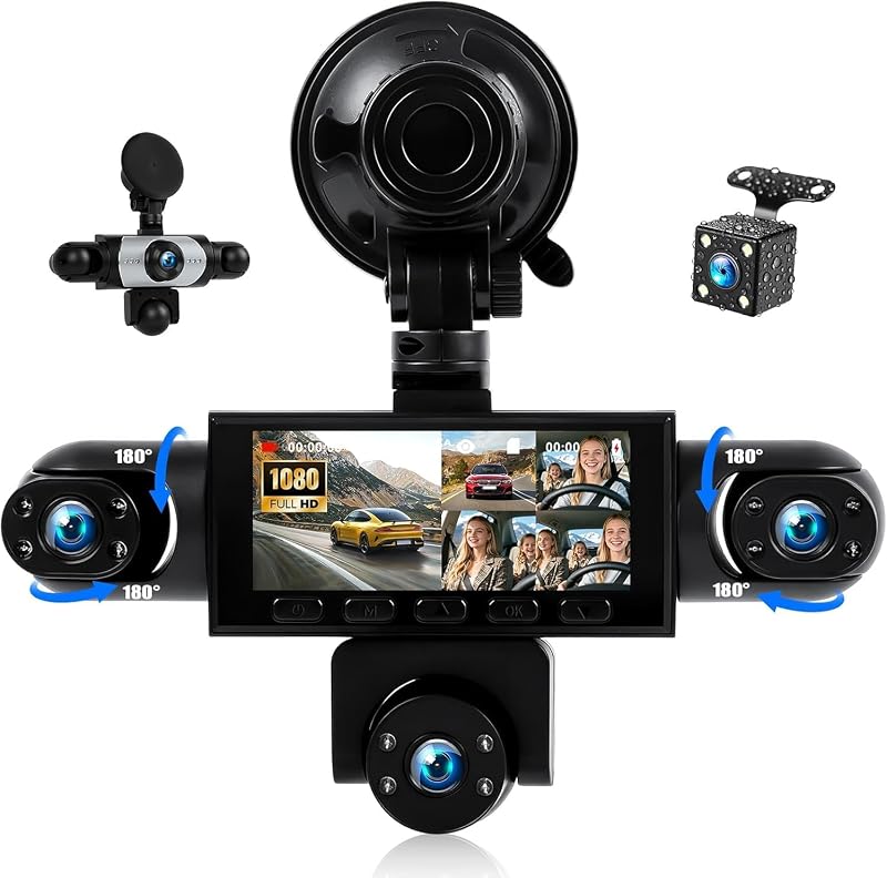 5 Channel Dash Cam 360°Wide Angle Dash Camera for Cars 1080P with Loop Recording Night Vision Reversing Help 3.16-inch Dash Cam Front and Rear