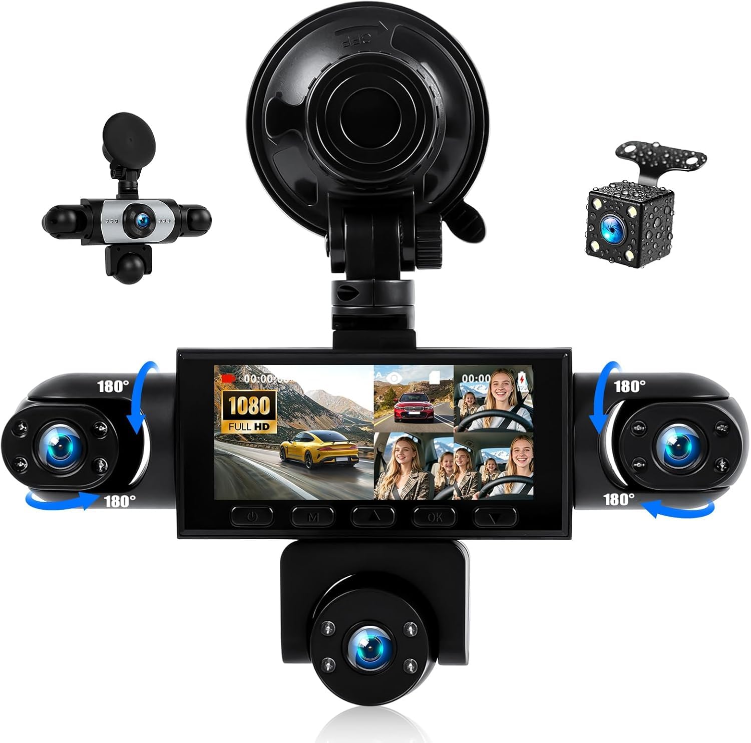 View 1 of [MISSING PARTS] 5 Channel Dash Cam 360°Wide Angle Dash Camera for Cars 1080P with Loop Recording Night Vision Reversing Help 3.16-inch Dash Cam Front and Rear