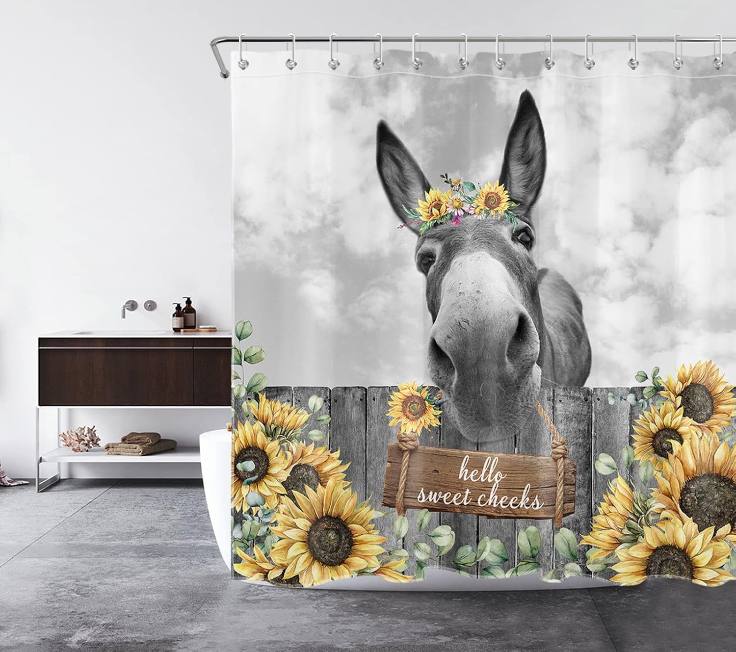 HVEST Funny Farm Animal Donkey Yellow Floral Shower Curtain and Dish Mat Drying Kitchen Mat