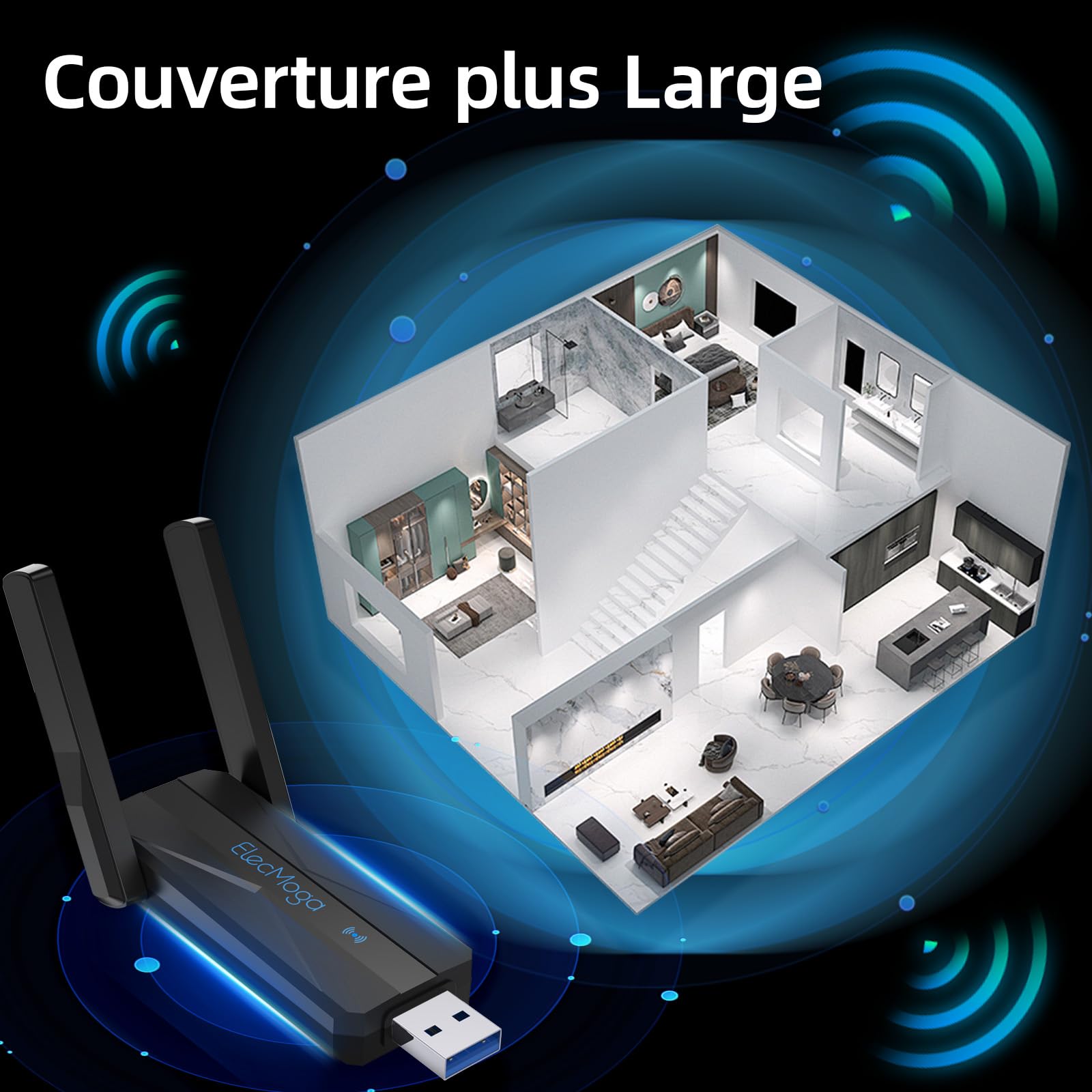 ElecMoga Clé WiFi Puissante AC1300 Mbps, USB 3.0 WiFi USB 5dBi 2.4GHz/5GHz Double Bande Antenne WiFi, Adaptateur WiFi pour PC/Laptop/Desktop/Tablet, Compatible avec Windows 11/10/8/7/XP, Mac OS X
