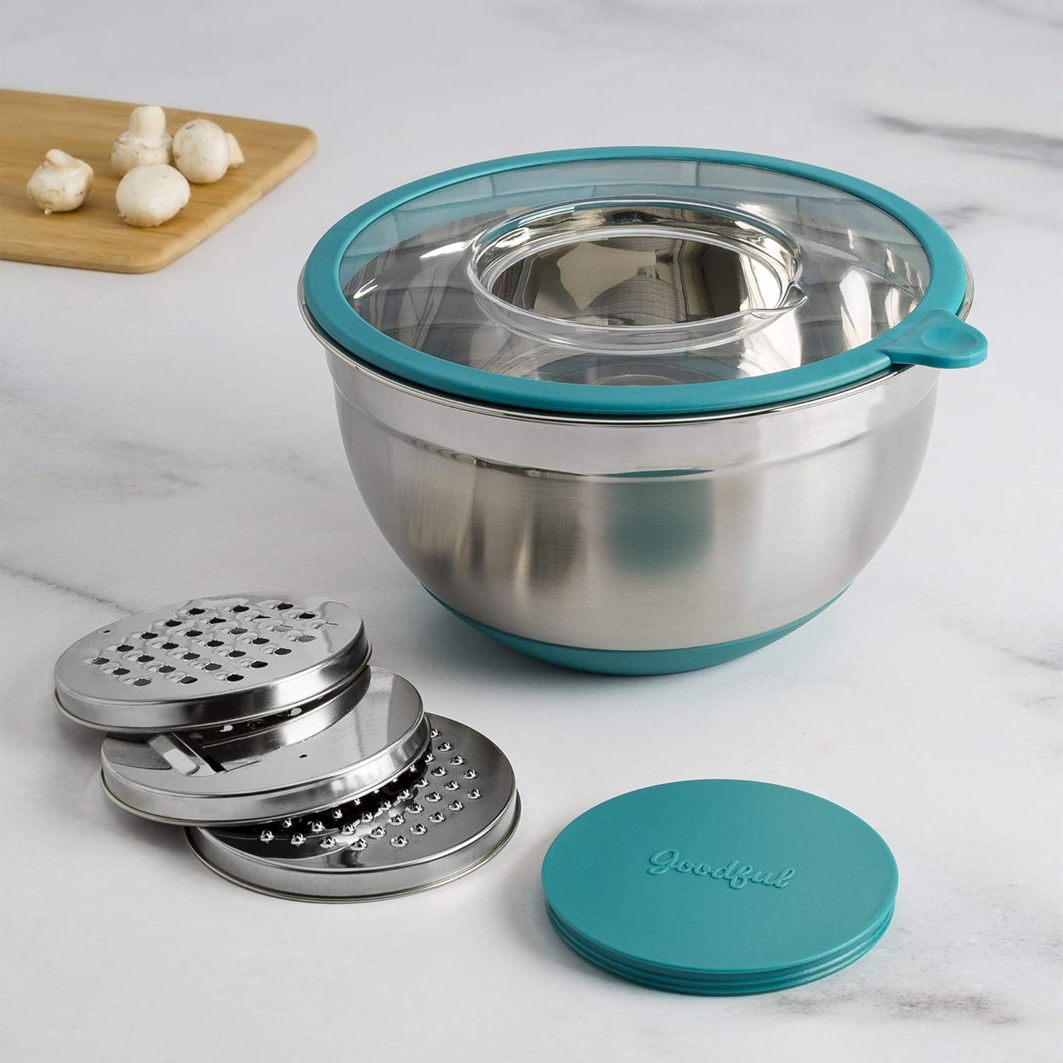 Goodful Stainless Steel Mixing Bowl with Non-Slip Bottom, Lid and 3 Interchangeable Grater Inserts (Fine, Coarse, Slicing), 5 Quart, Prep, Teal
