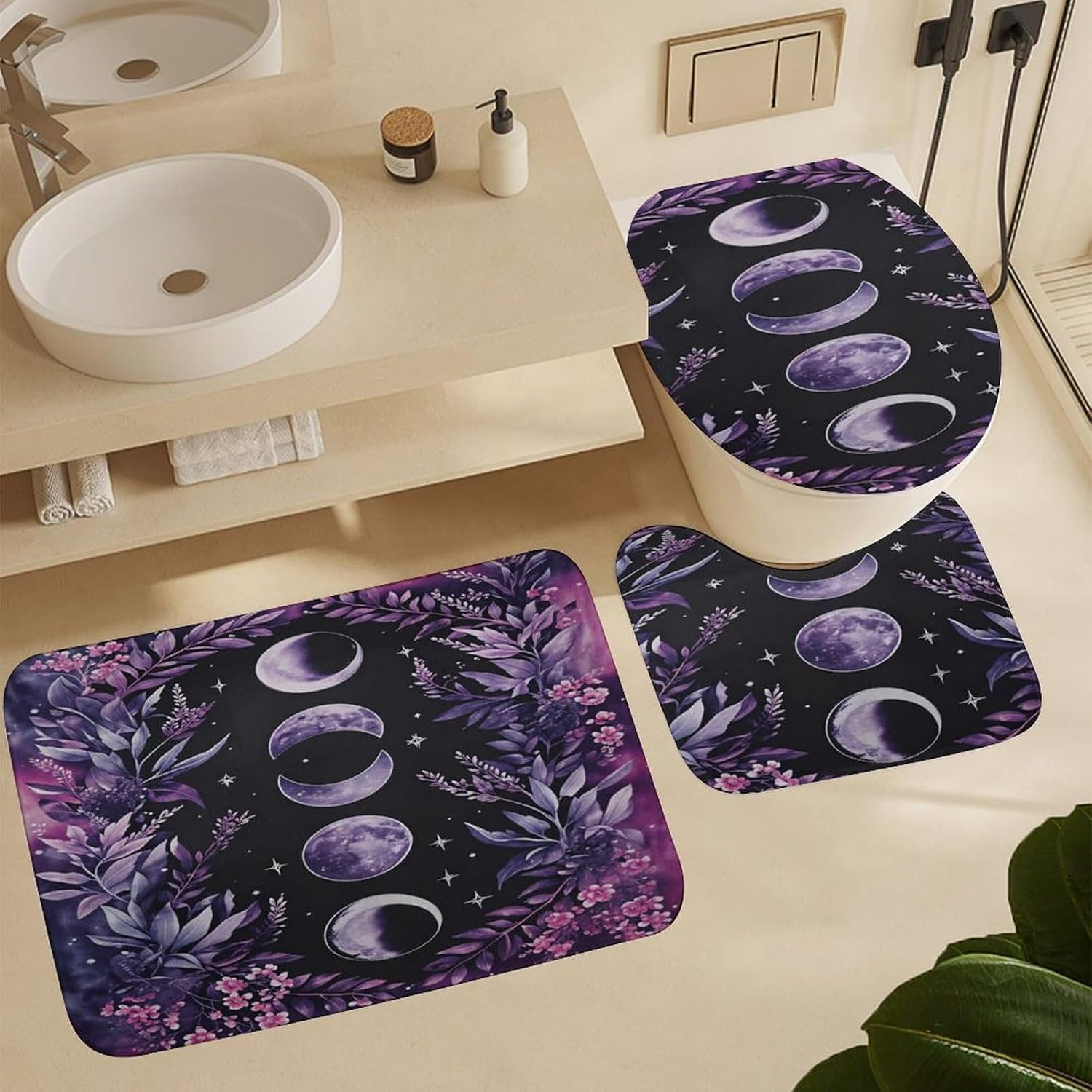 Moon Phases Floral Purple Galaxy 4 PCS Bathroom Set with Shower Curtain Rugs, Ultra Soft Coral Fleece Bath Mat, U-Shaped Rug, Toilet Lid Cover, 72" X 72"