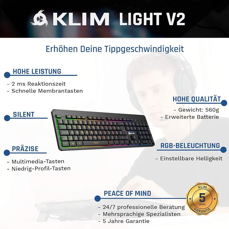 KLIM Light V2 Vezeték Nélküli Gamer Billentyűzet QWERTZ - Lapos, Ergonomikus, Vízálló, RGB Háttérvilágítás, PC/Mac/PS4/PS5 Kompatibilis, Hos