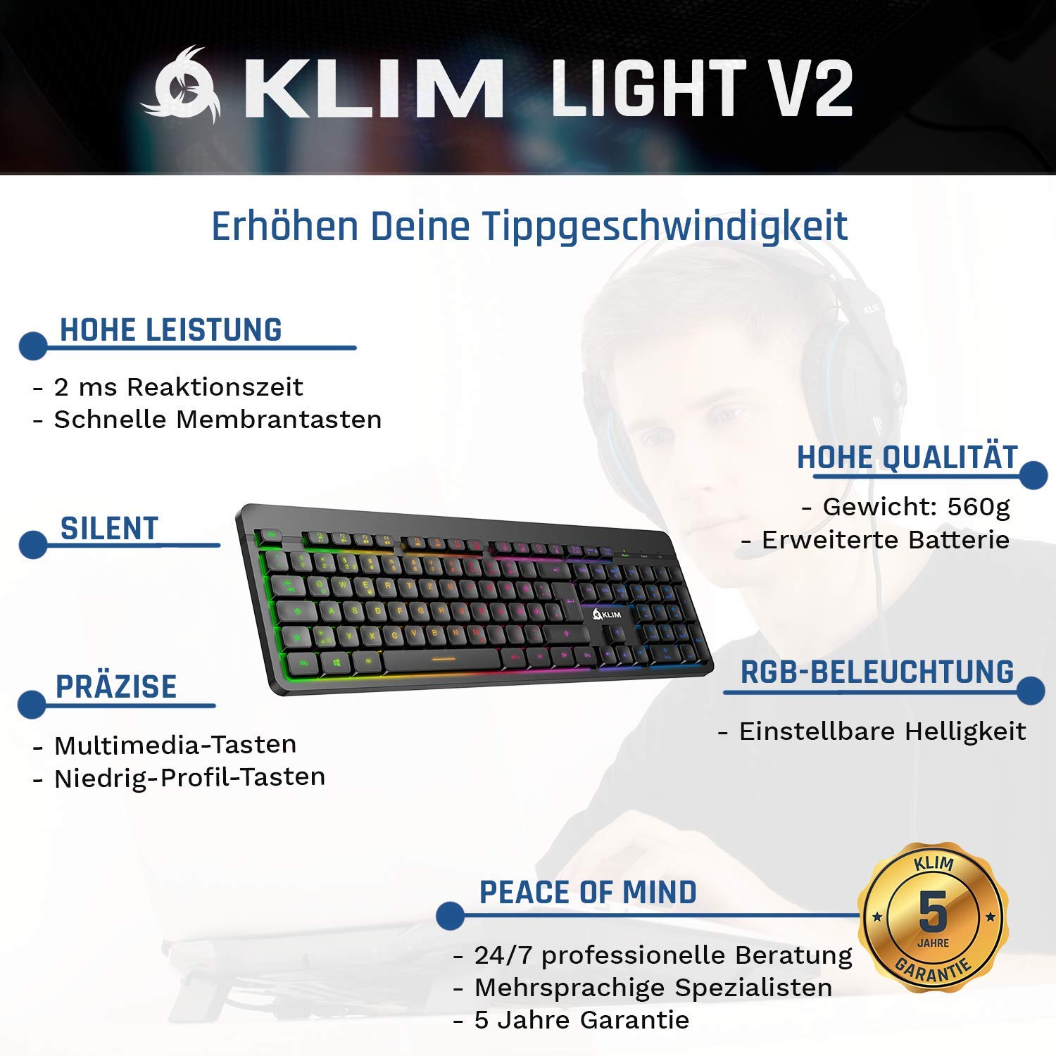 KLIM™ Light V2 Teclado Inalámbrico Gaming DE + Teclado Gaming Ligero, Duradero, Ergonómico, Silencioso + Batería de Larga duración + Teclado Gamer PC Mac PS4 Xbox One+ Nuevo Versión + Negro