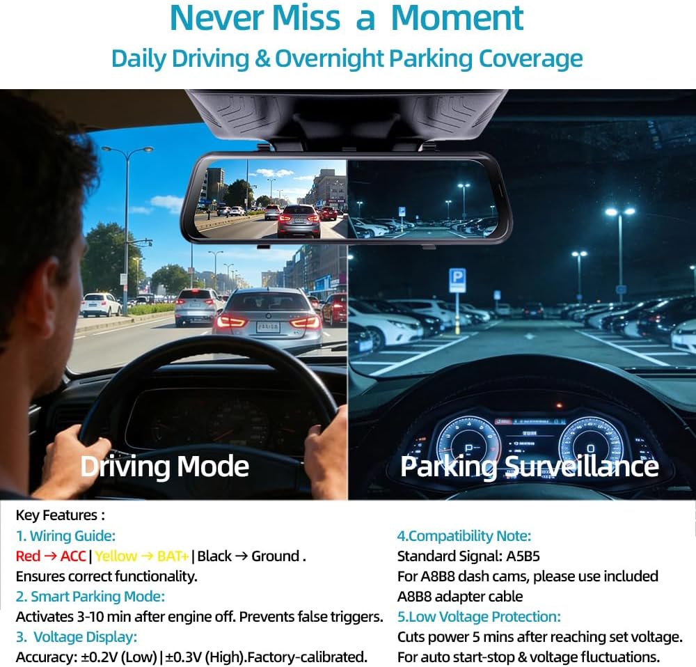 Dash Cam Hardwire Kit USB C, 12V-24V to 5V/3A Adapter Power Cable with Voltage Display, 24/7 Parking Mode, Acc Detection, 4-Level Low Voltage Protection (11.6V/11.9V/12.2V/12.5V) - Image 3