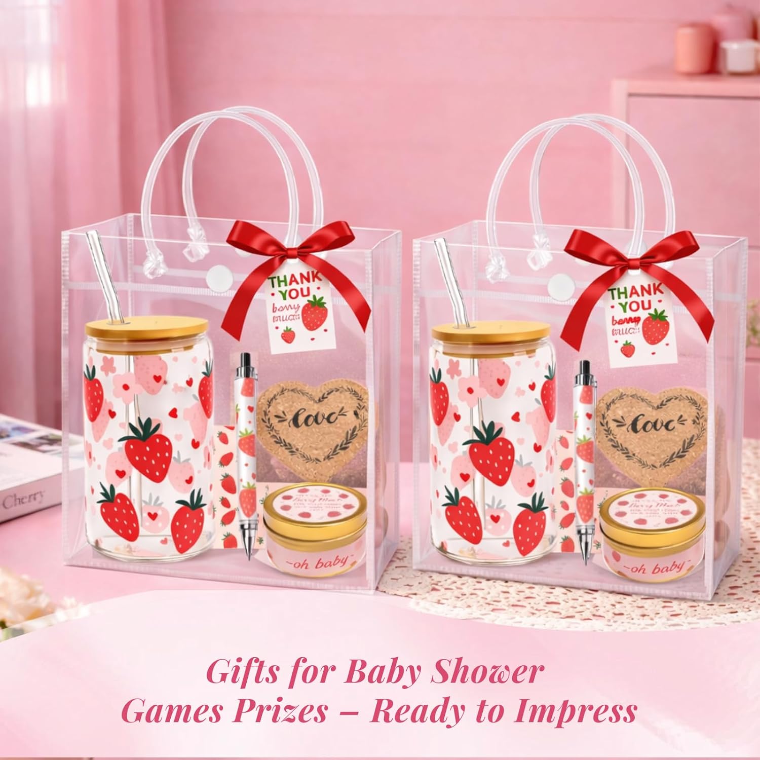 6 sets baby shower prizes for game winners – strawberry baby shower game prizes for winners – includes glass cups, notebooks, pens, aromatherapy items, gift bags & cards