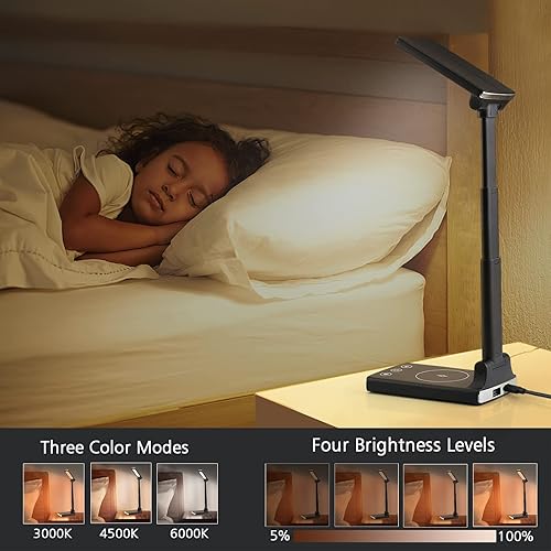 Miniatura 5 de Lámpara de mesa - Lámpara de escritorio pequeña plegable fácil de transportar con carga inalámbrica de teléfono móvil de 15 W y función de carga USB