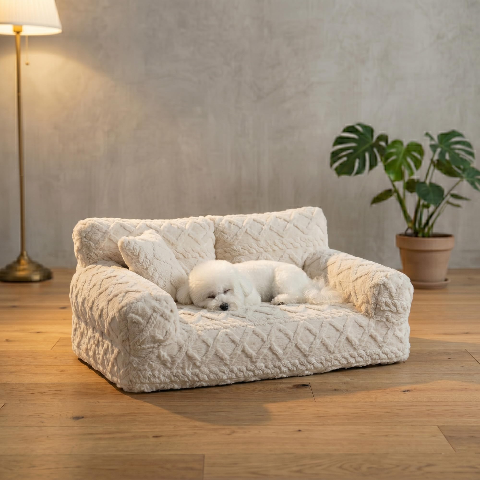 Plush Calming Pet Sofa Bed with Removable Cover – Cozy, Machine-Washable for Dogs & Cats, Supportive Dog Couch With Non-Slip Bottom (Beige, S)