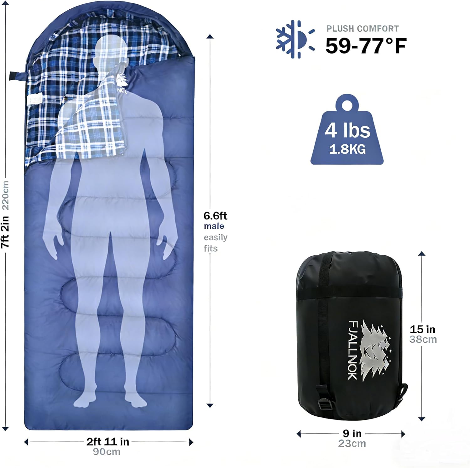 100% cotton flannel sleeping bag for adults, big&tall size backpacking lightweight waterproof for girls boys mens teen for camping hiking outdoor travel with compression bags 59-77?- blue/blue