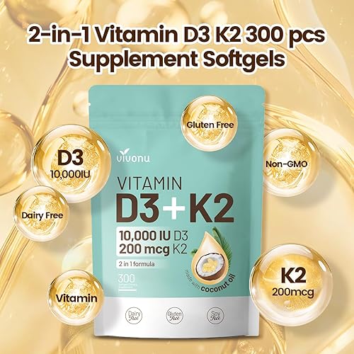Miniatura 6 de Vitamina D3 K2 10000 UI con cápsulas blandas de aceite de coco virgen MK7-300, vitaminas D y K 2 en 1 complejo  Vitamina D3 con K2  Apoya la