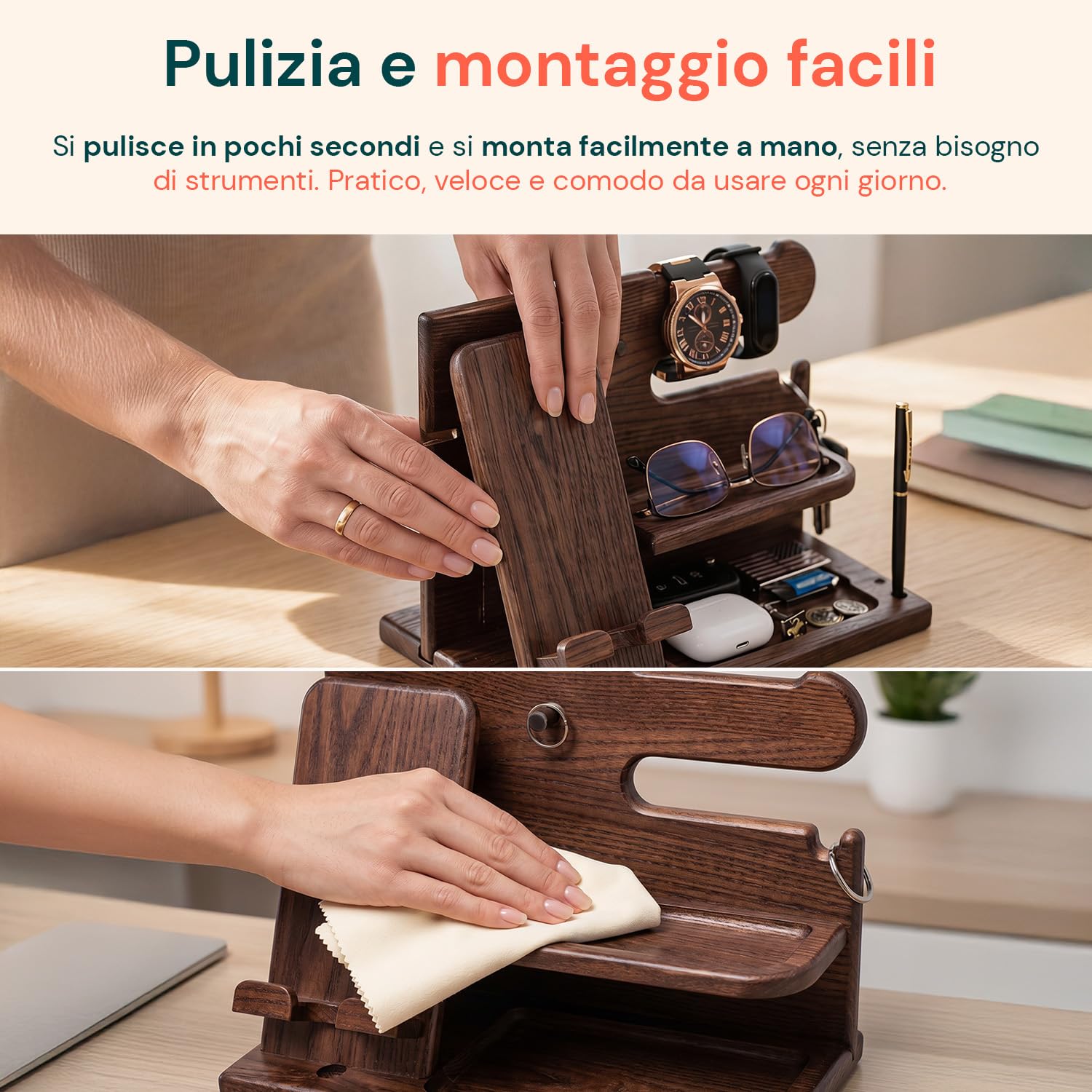 Avilia - Organizer in Legno con Supporto Smartphone e Porta Orologi – Stazione di Ricarica e Svuotatasche da Scrivania o Comodino – 25,5x15x18,5 cm – Design Naturale Elegante e Multiuso