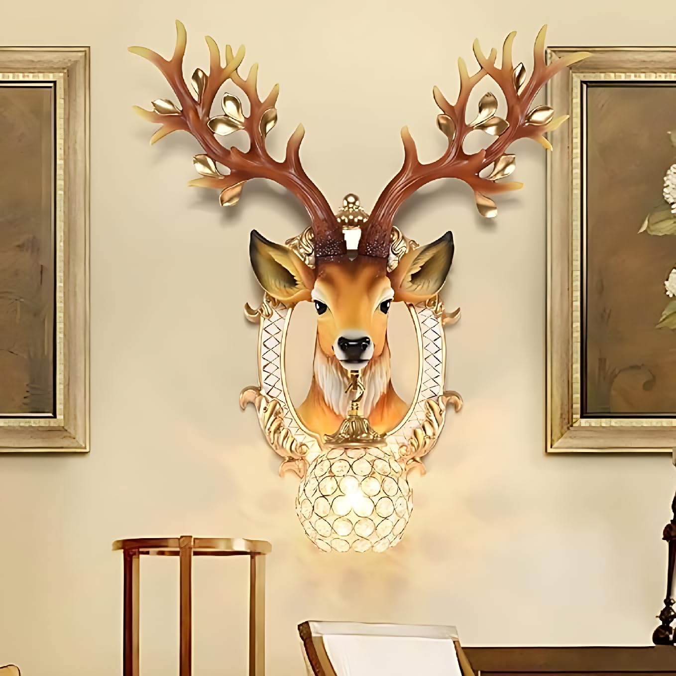 DA DECOR HUB Resin Deer Head Mounted Antique Decorative Wall Scone Light Lamp for Living Room,Bedroom and Office Wall Decoration (White)