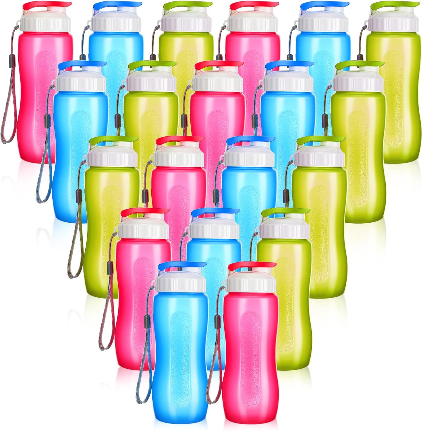 Rtteri 20 Pcs Water Bottle 17 oz Plastic Leakproof Drink Flip Top with Handle Strap, Multicolor Sports Bulk for Cycling Camping Hiking Gym Yoga Fitness