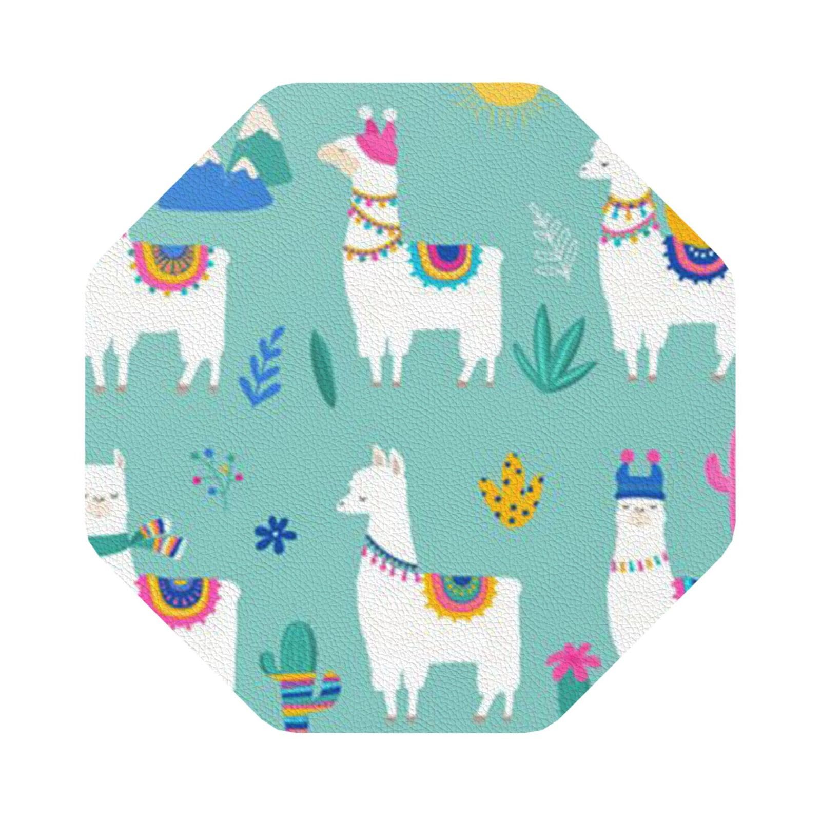 Alpaca Llama PU Leather Coasters Set of 6 Octagon Drink Coasters