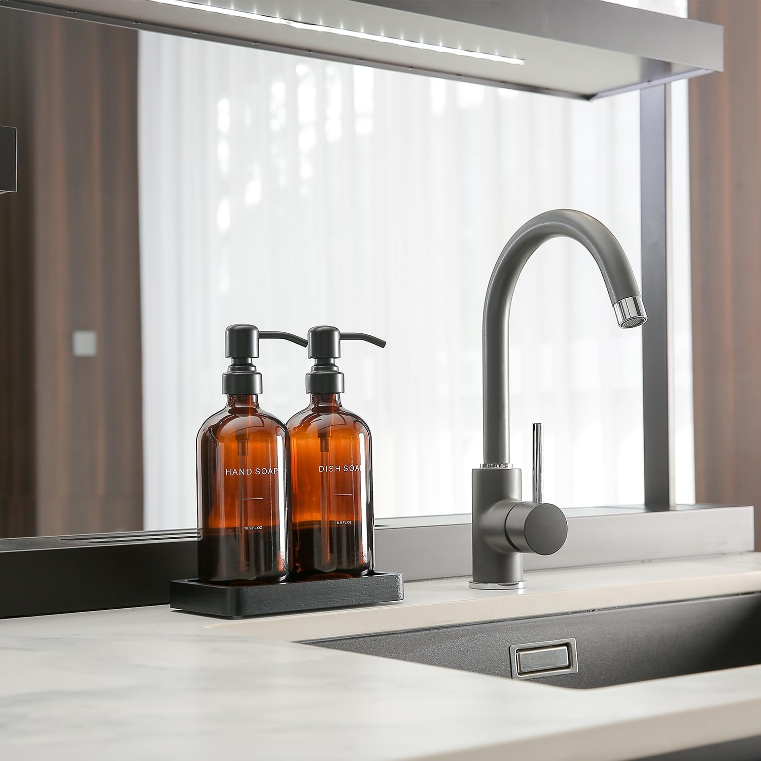 Amber Soap Dispenser Set, Soap Dispenser for Kitchen Sink with Black Stainless Steel Pump, Perfect for Kitchen Accessories Decor. (Amber) Amber Bottle & Black Pump