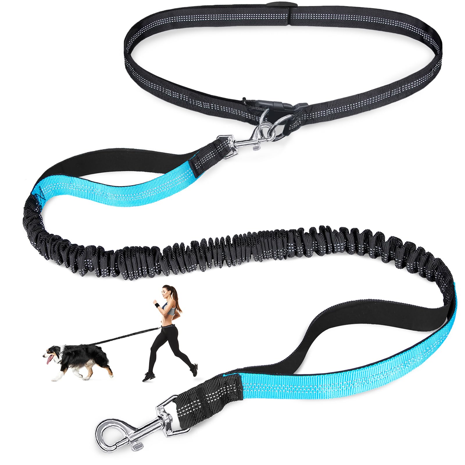 Hands Free Dog Leash, Adjustable Waist Leash for Dog, Handle Bungee 4.2-6.7 Feet Long with Reflective Stitches for Walking Hiking Running, Fits 26"- 43" Waist, Black & Blue