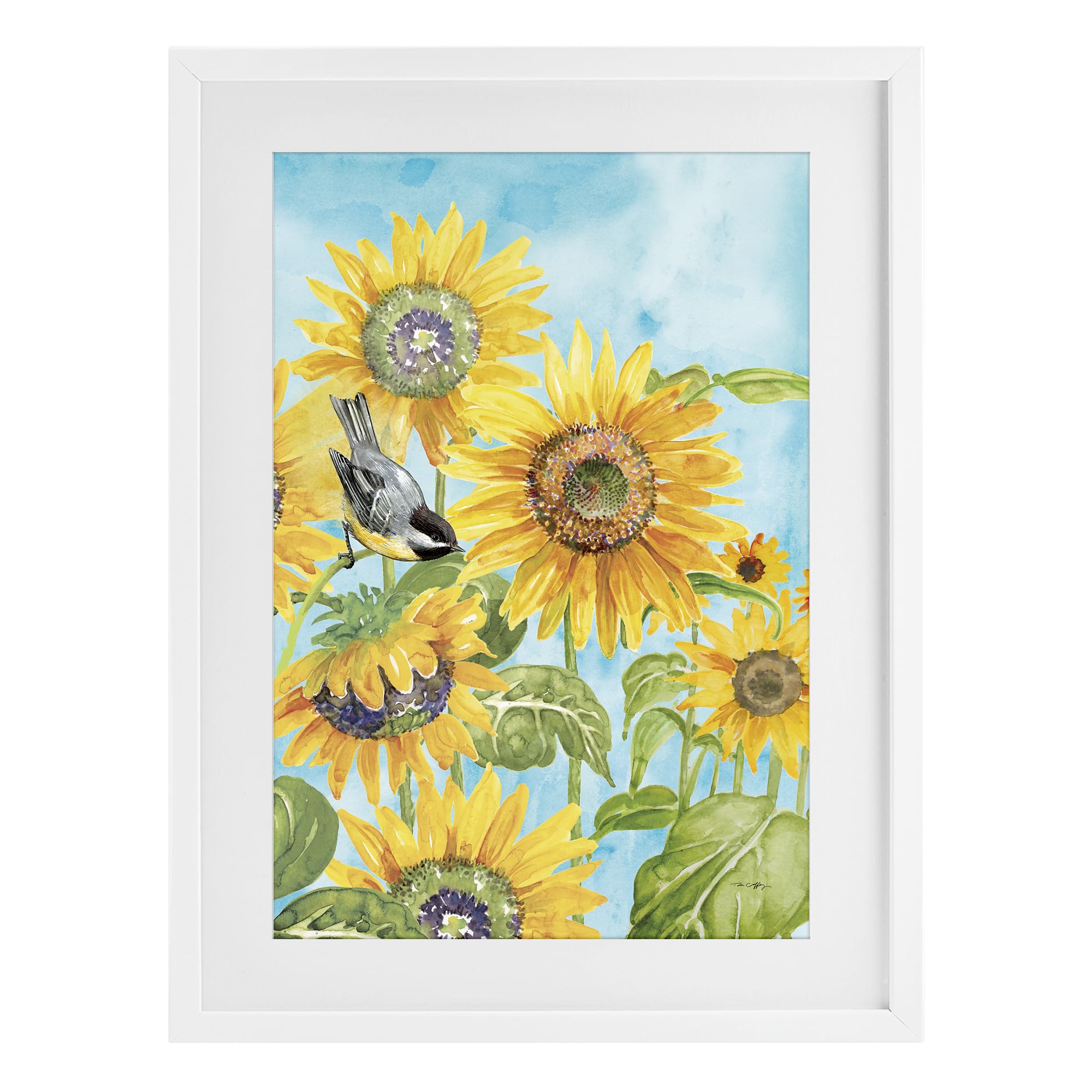 Stupell Industries Coastal White (Textured) Sunflower Honey Bird Floral, 17 X 23 Inch Framed Print Under Glass