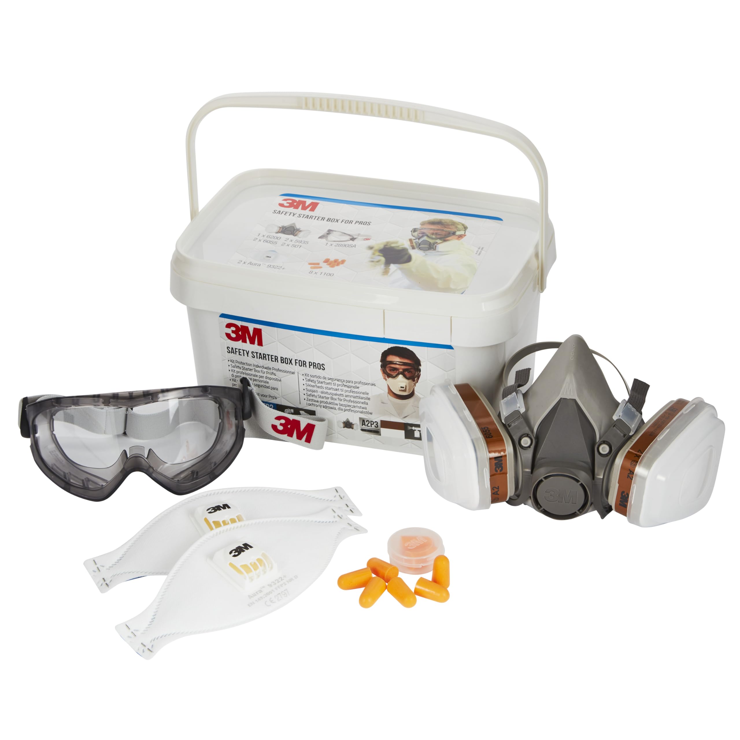 3M Sicherheitsbox (mit Atemschutzmaske, Halbmaske, Gehörschutzstöpsel und Arbeitsschutzbrille, sicherheitsausrüstung für Baustelle oder Werkstatt, inkl. Zubehör) 1000MCWE