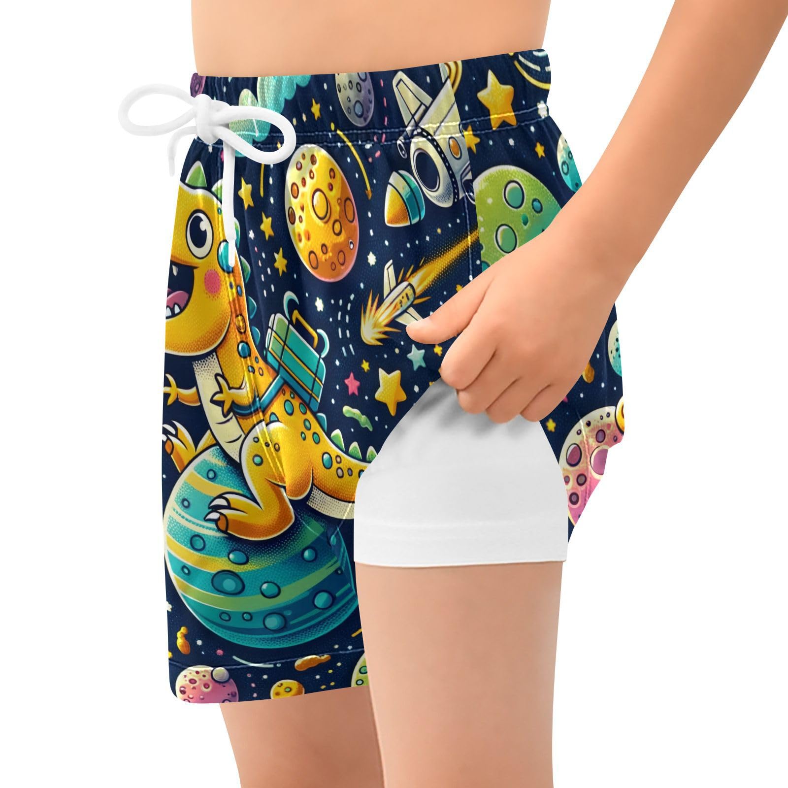 YANENDIE Boy Swim Trunks with Compression Liner Cartoon Space Dinosaur Boys Swim Shorts Quick Dry Beach Shorts