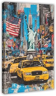 UZWGG 1pcs Framed Wall Art Vintage New York Times Square Canvas Mural Street Poster Statue of Liberty Painting Printed Landscape Decoration Living Room Wrapped Canvas 16x24inch(40x60cm)