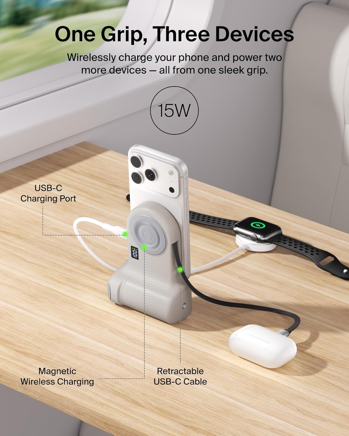 Belkin Magnetic Wireless Charging Camera Grip 9300mAh, Power Bank w/Retractable USB C Cable, Bluetooth Connection, Tripod Attachment, LCD Screen, Ergonomic, Portable Charger for iPhone & Smartphones