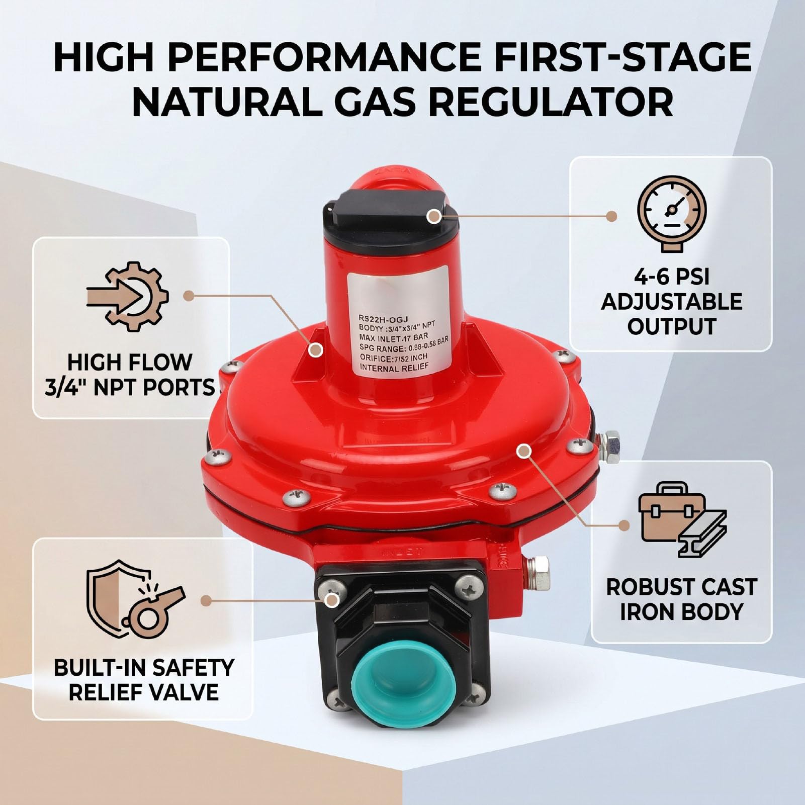 Fafeicy Regulador de Presión de Gas Natural Ajustable de 4-6 PSI, Válvula de Primera Etapa NPT de 3/4 Pulgadas para Sistemas Industriales Comerciales Domésticos
