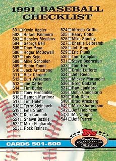 Baseball MLB 1991 Stadium Club #600 Checklist 501-600 VG