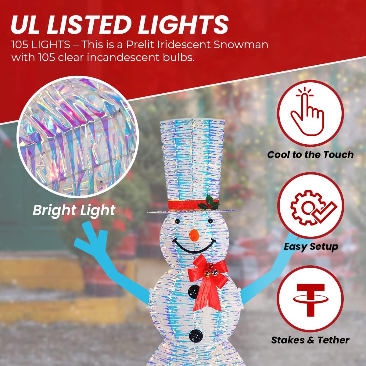 6 ft Iridescent Lighted Snowman - Pre Lit Outdoor Christmas Decoration - 105 Lights for Indoor or Yard Decor