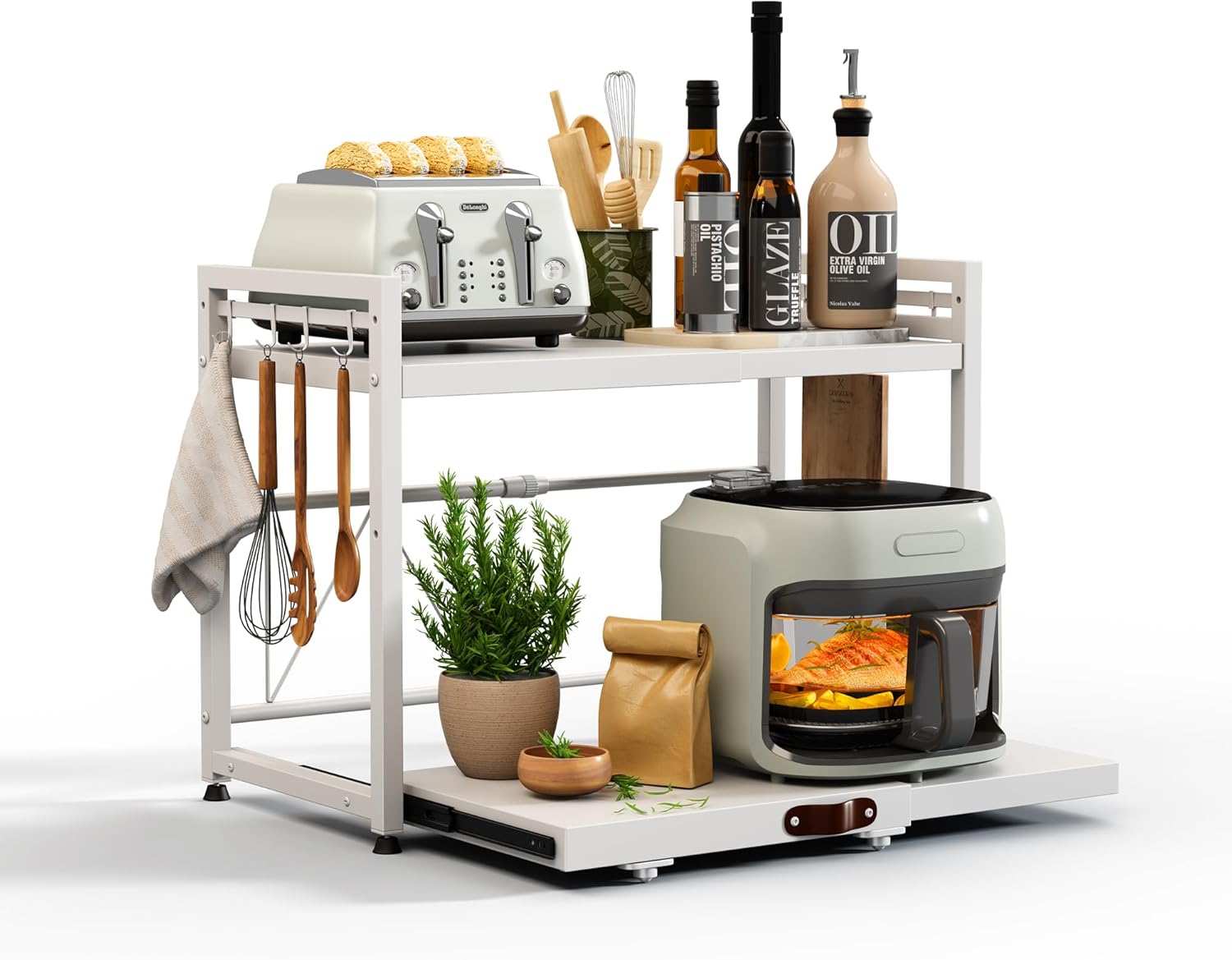 NETEL Expandable Microwave Stand,2 Tier Metal Kitchen Countertop Organizer Shelves with 8 Hooks,Bakers Rack,Pull-Out Microwave Shelf,Metal Storage Shelves,55lbs Weight Capacity,White