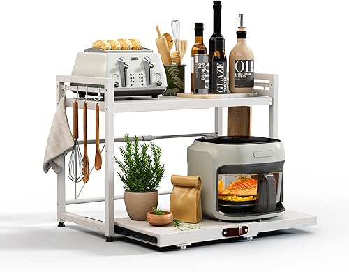 Miniatura 8 de NETEL Soporte extensible para microondas, estante organizador de 2 niveles de metal para encimera de cocina con 8 ganchos, estante para panaderos,