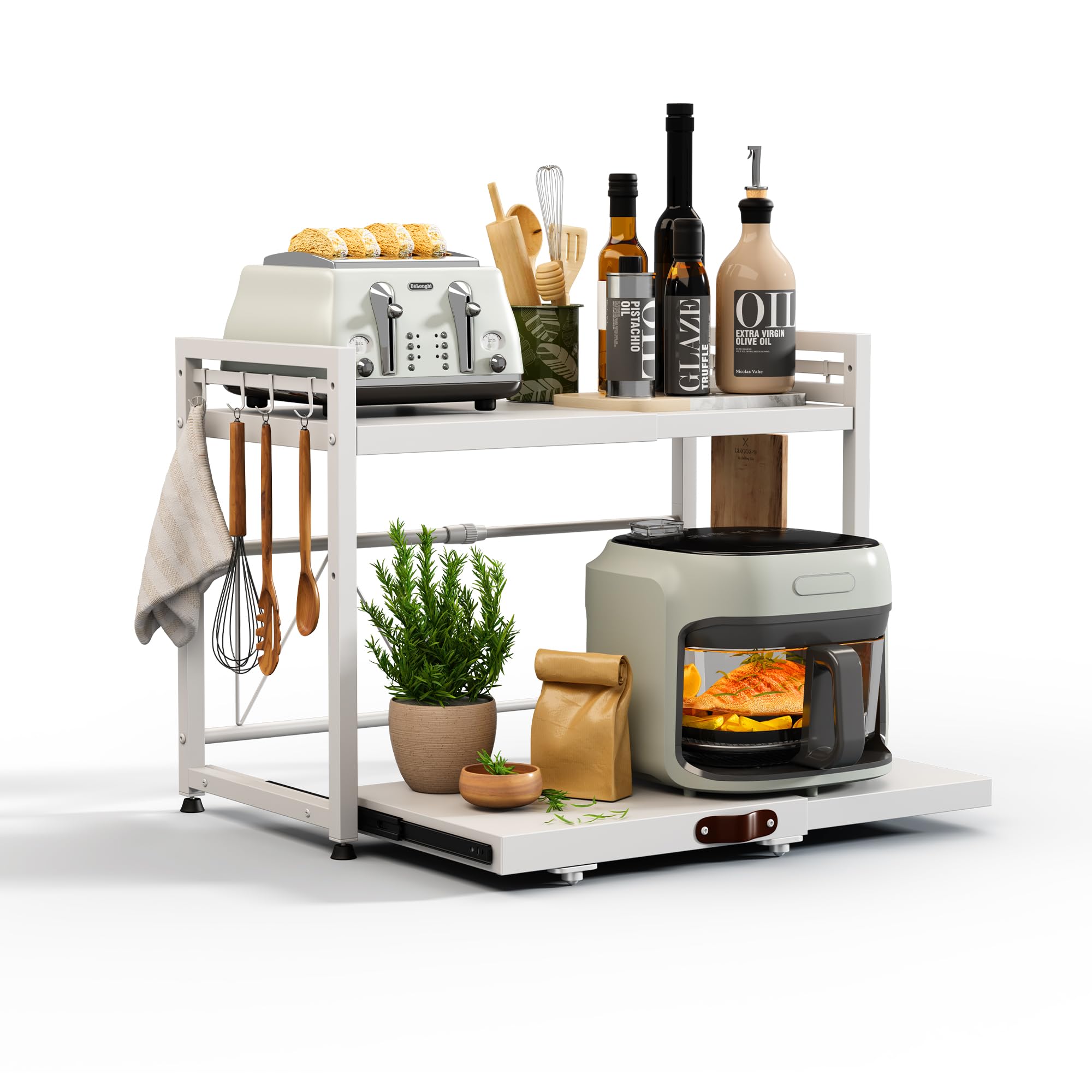 NETEL Expandable Microwave Shelf, Microwave Stand with 8 Hooks, Microwave Oven Rack, Kitchen Shelves, Over Microwave Shelf Unit, Kitchen storage & Organisation, Air Fryer Shelf (2 Tie White/Drawer)