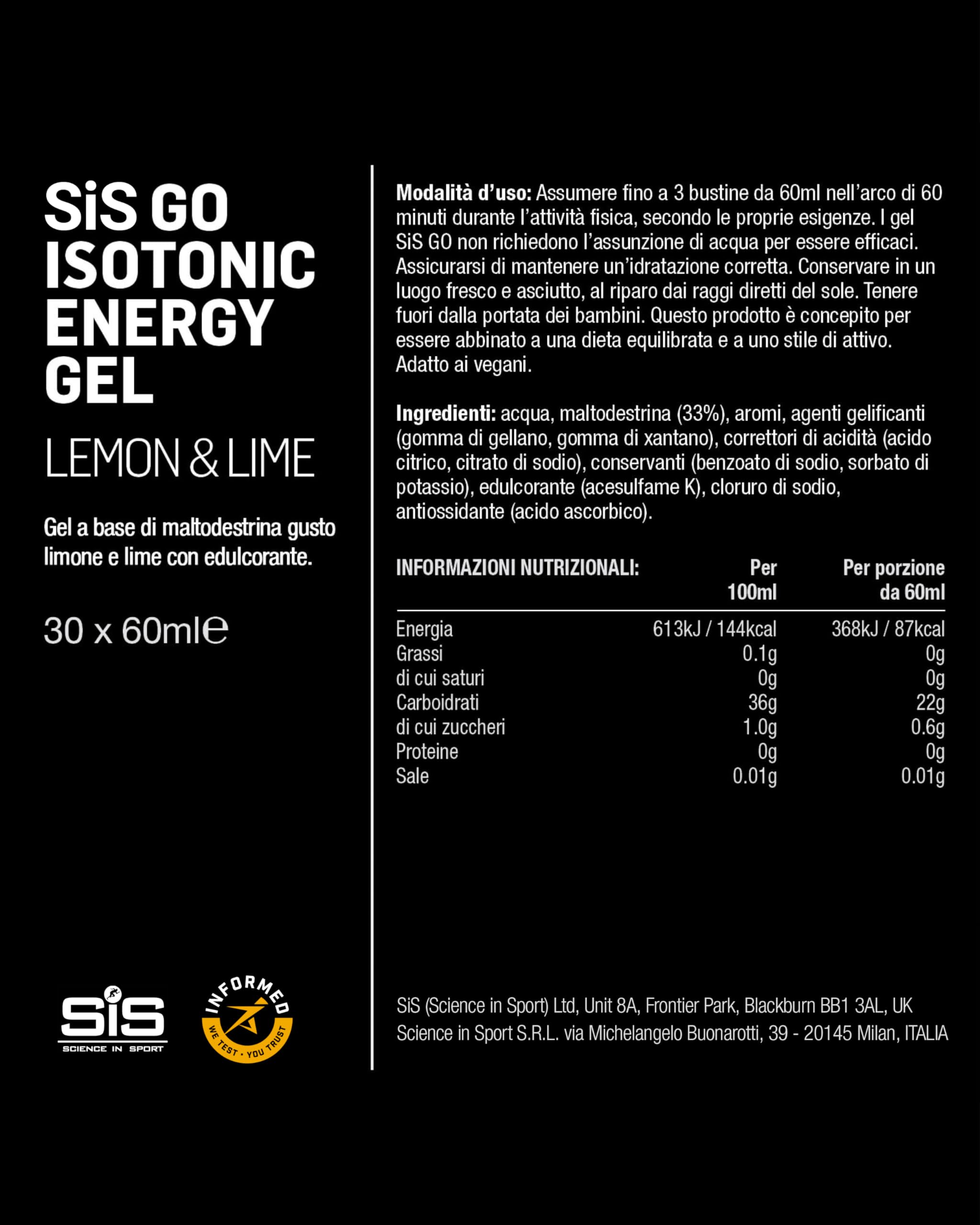Science in Sport GO Isotonic Energy Gel 30x60ml Lima-limón, Vegano - Formulación isotónica con 22g de carbohidratos, Buen aporte de energía, Alternativa ideal a las bebidas isotónicas