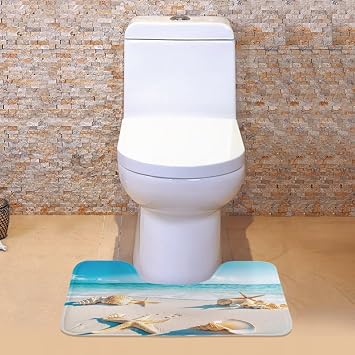 Beach Starfish Seashell Pattern Toilet Mats U-Shaped Thick Comfortable Contour Bathroom Rugs for Toilet, Easy to Clean Restroom Commode Mat for Oval Toilet Base