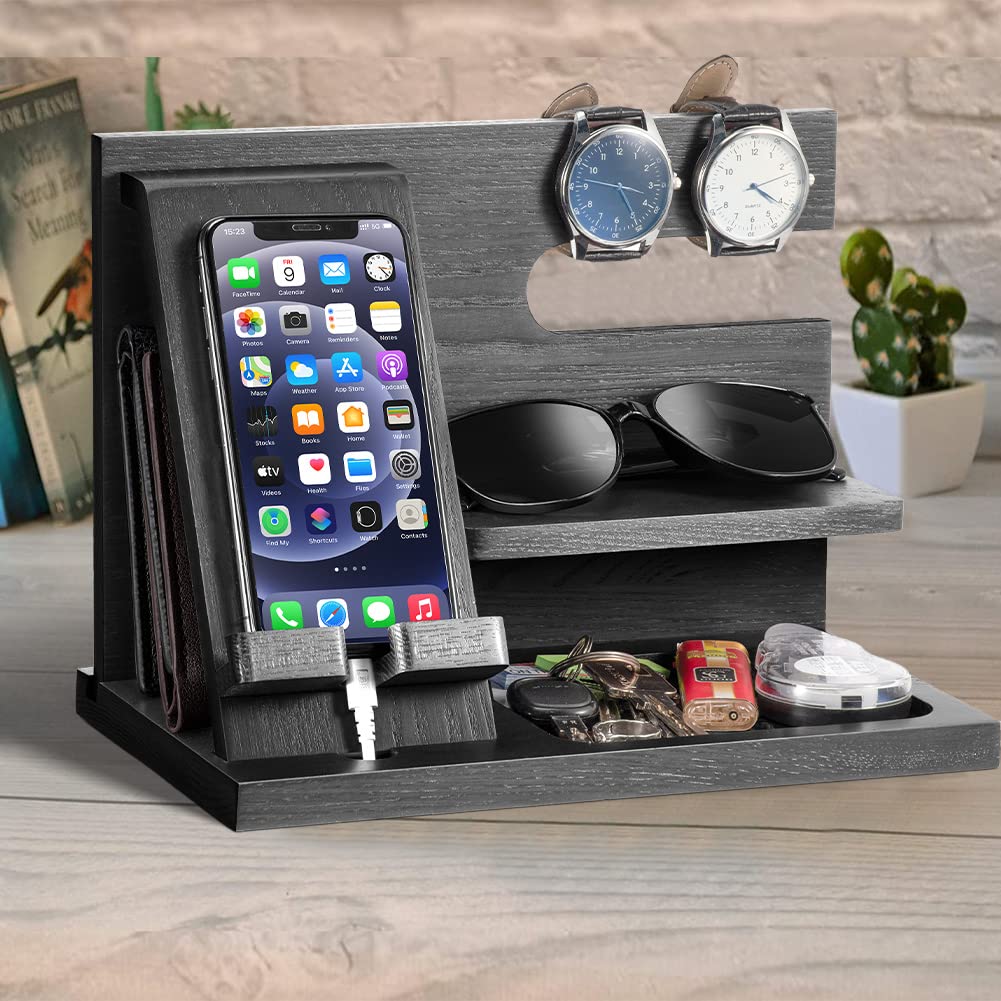 Cadeaus voor mannen - Ebony houten telefoon docking station - nachtkastje met sleutelhouder, portemonnee standaard en horloge organizer voor vriend man vrouw vader voor verjaardag verjaardag Kerstmis