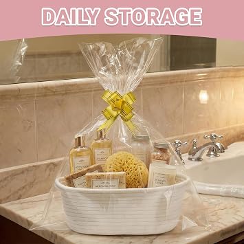 Small Woven Basket with Gift Bags and Ribbons, Empty Children Gift Baskets, Woven Gift Baskets, Gift Basket Hamper Kit for Children Shower Birthday, 30 x 20 x 12 cm (Pink)