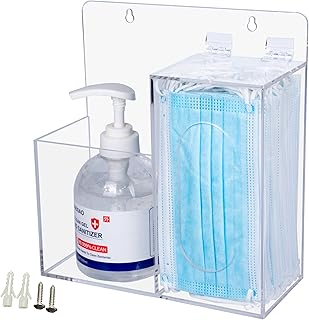 Mask Dispenser and Hand Sanitizer Acrylic Mask Storage Box Holder Stand Wall Mount or Countertop，Hygiene Station with 2 Compartment Clear Box for Home，Office，Car