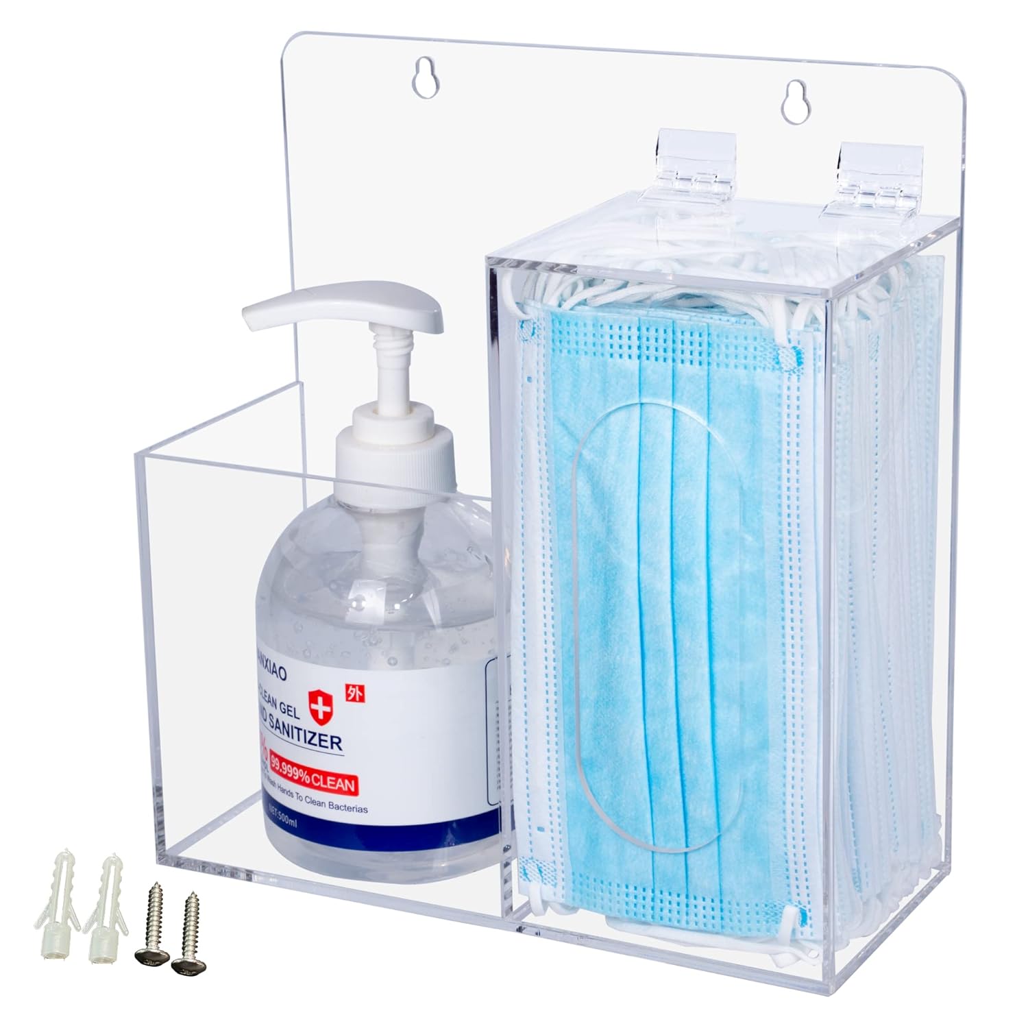 Mask Dispenser and Hand Sanitizer Acrylic Mask Storage Box Holder Stand Wall Mount or Countertop，Hygiene Station with 2 Compartment Clear Box for Home，Office，Car