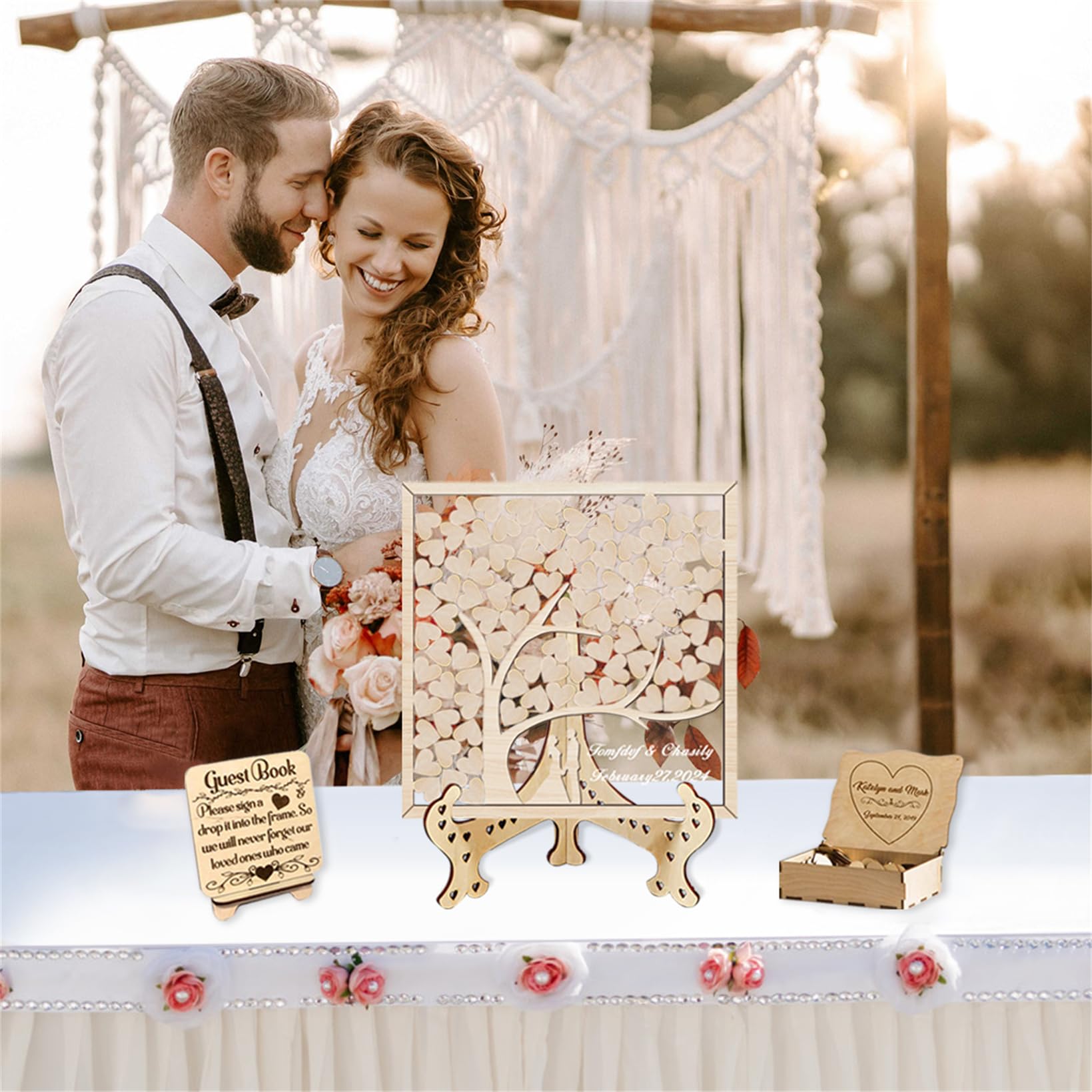 Libro de invitados personalizado con árbol de hojas para boda, silueta de pareja, caja de regalo 3D, árbol genealógico, libro de invitados rústico, libro de firmas de boda para aniversario, boda,