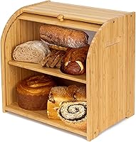 Vista 1 de Purbambo Caja de pan de bambú para encimera de cocina, doble capa Roll-top cajas de almacenamiento de pan conservador de alimentos con estante medio