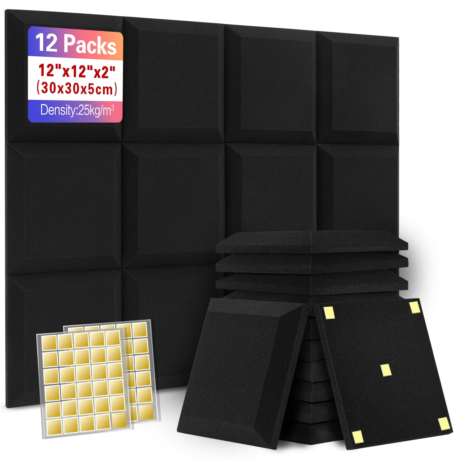 Kerlalu Soundproof Wall Panels, Premium-Thickness Sound Proofing Panels for Walls,Sound Foam Panels for Home Office Recoding Studio with 60PCS Double-Side Adhesive (Black, 12 Pack, 30 X 30 X 5cm)