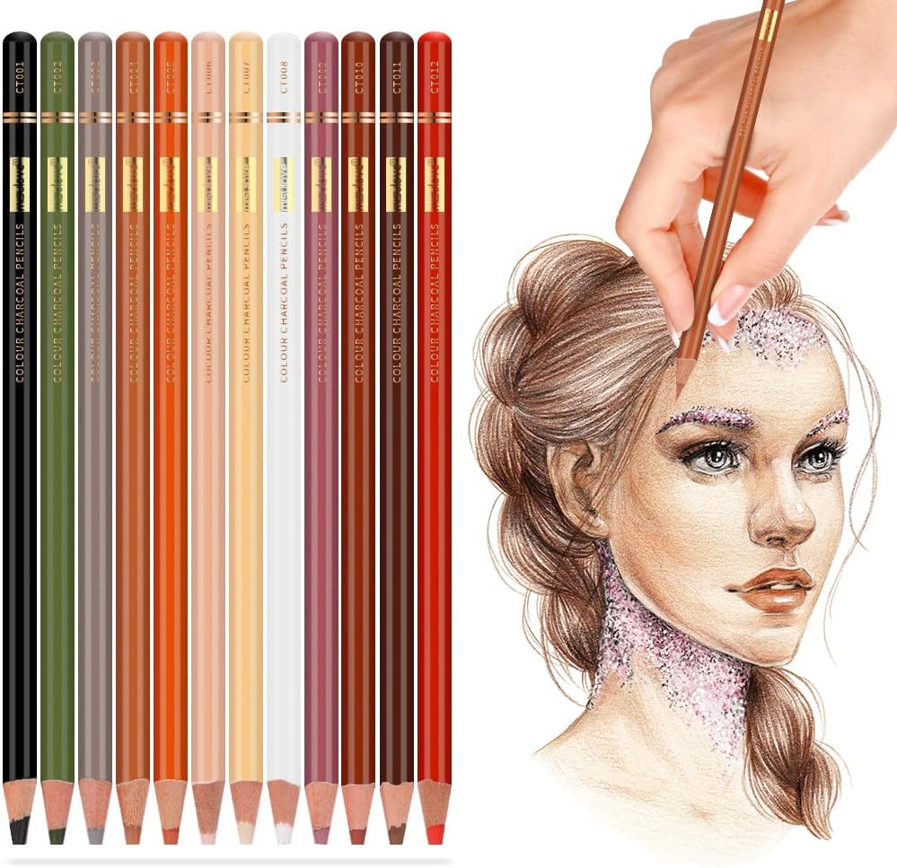 MISULOVE Professional Colour Charcoal Pencils Drawing Set, Skin Tone Colored Pencils, Pastel Chalk for Sketching, Drawing, Shading, Coloring, Layering & Blending for Beginners & Artists(12 Colors)