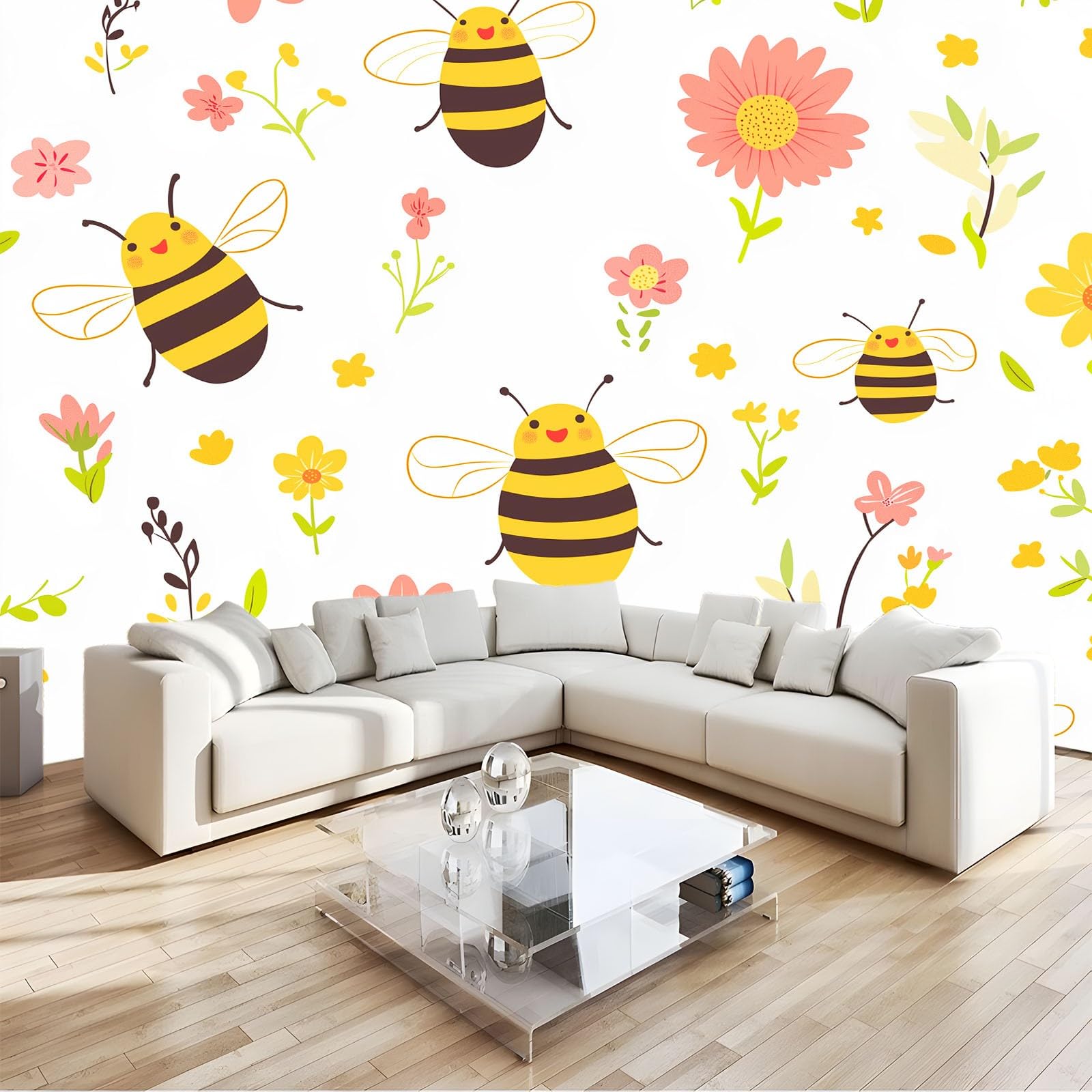 Panoramiczna tapeta 3D 350 x 256 cm urocza ręcznie rysowana pszczoła tapeta z włókniny, duży plakat ścienny do salonu, dekoracji pokoju dziecięcego, łatwy w montażu, beżowy